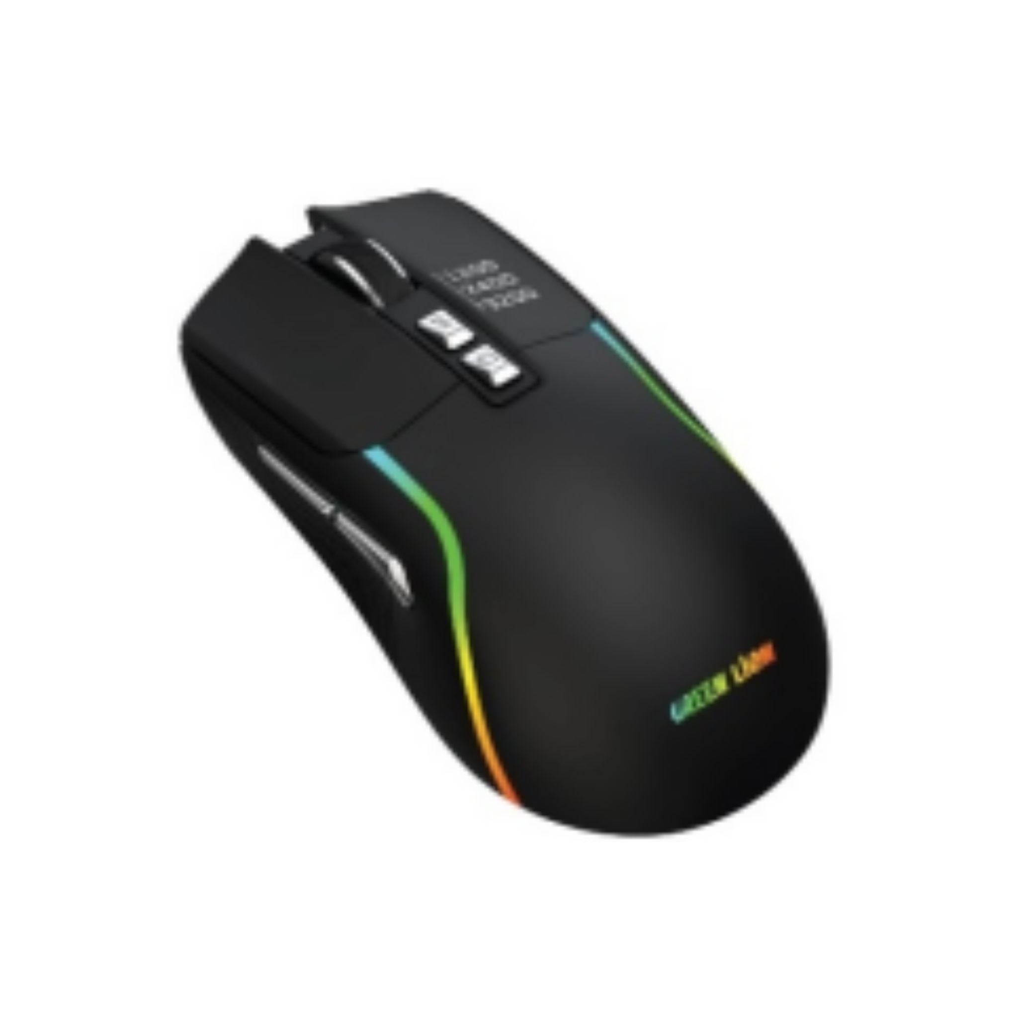 A black gaming mouse with multicolor RGB lighting and the Green Lion brand logo on the side.