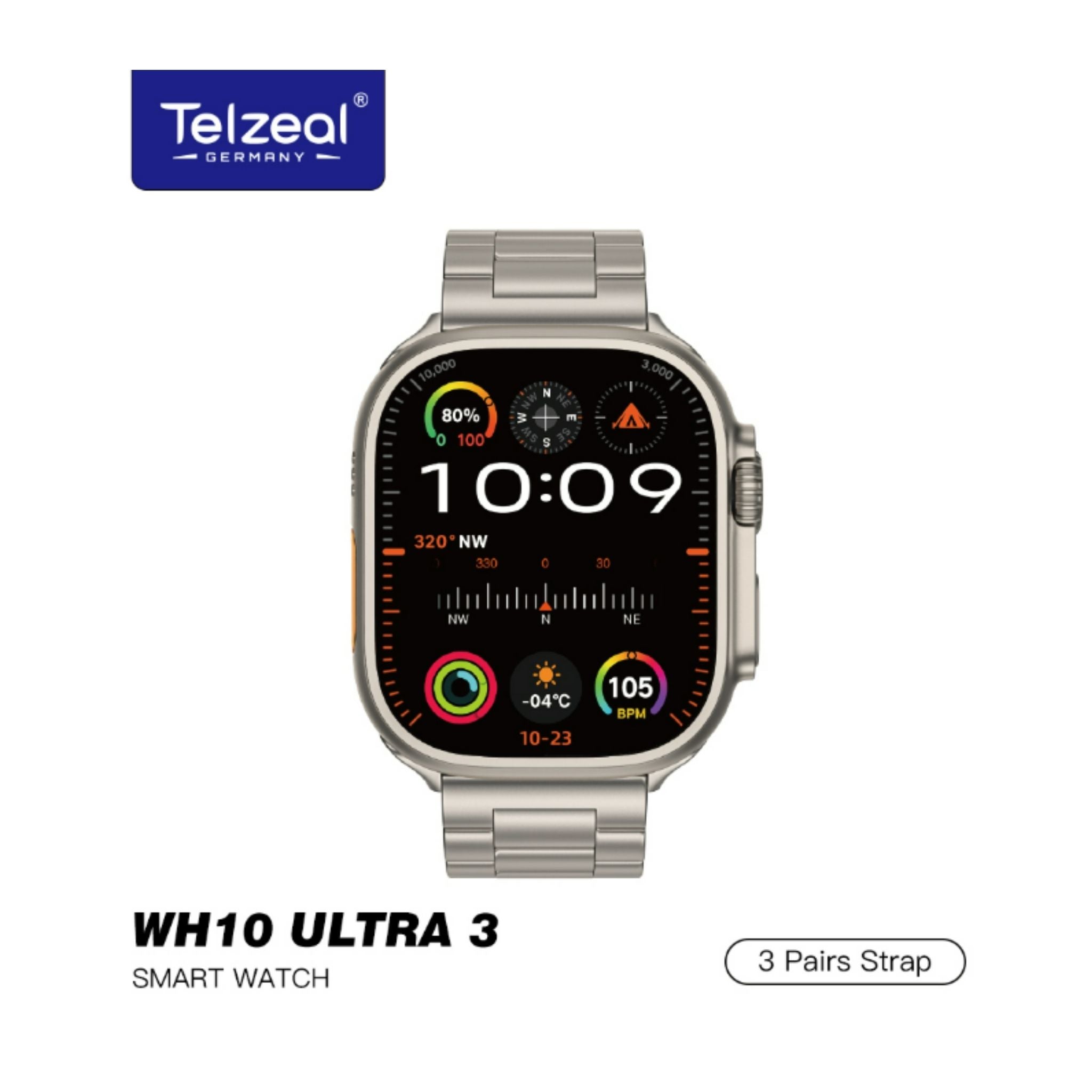 Telzeal WH10 Ultra 3 (3Pair strap/Wireless Charging) Smartwatch cutting-edge technology with sleek design & Ultimate Fitness & Style Companion- Brown