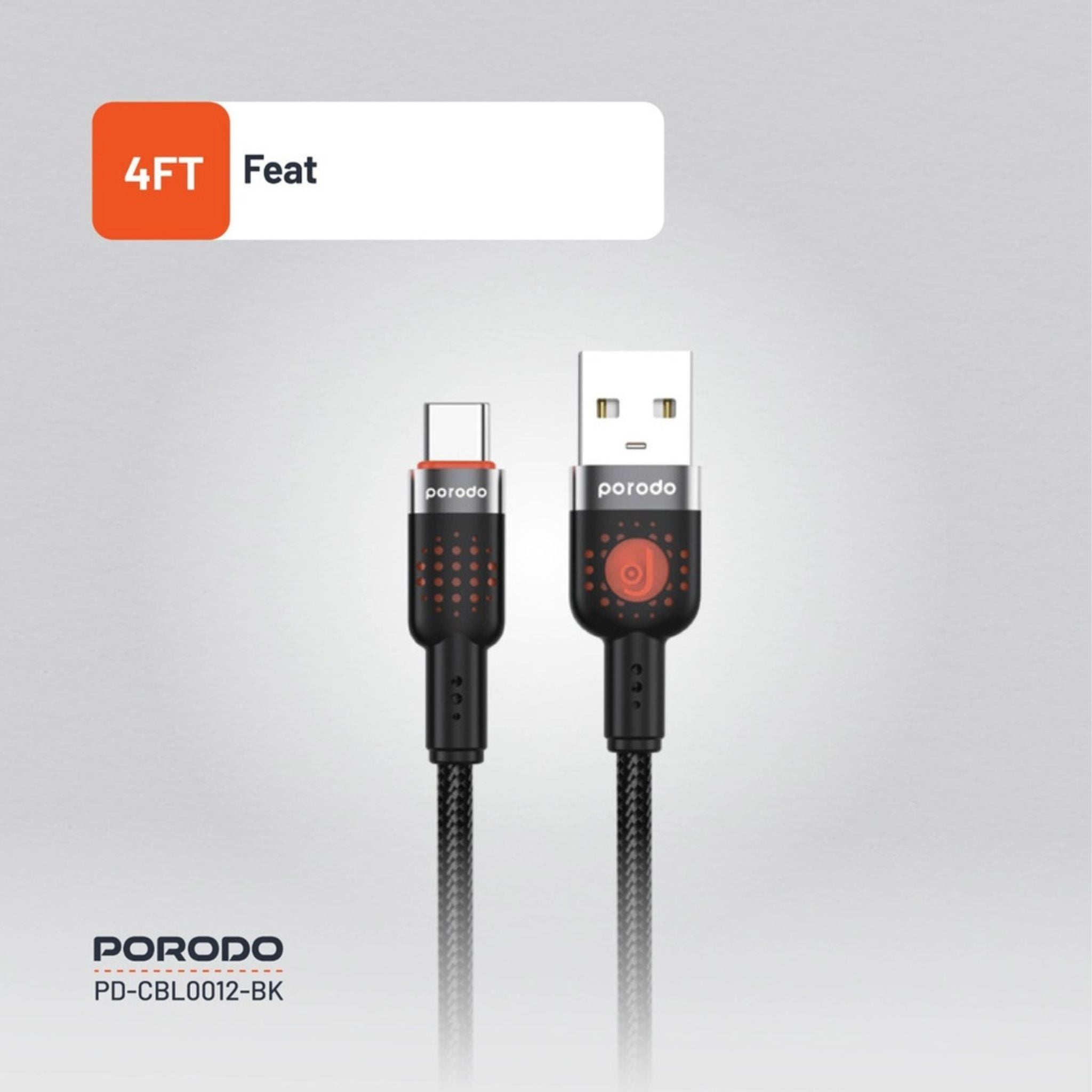 Porodo Braided USB-A to Type-C Cable with 480Mbps Transfer Speed, 1.2m Cable Length, More than 15,000 Bends Lifespan, Tangle-Free Design - Black
