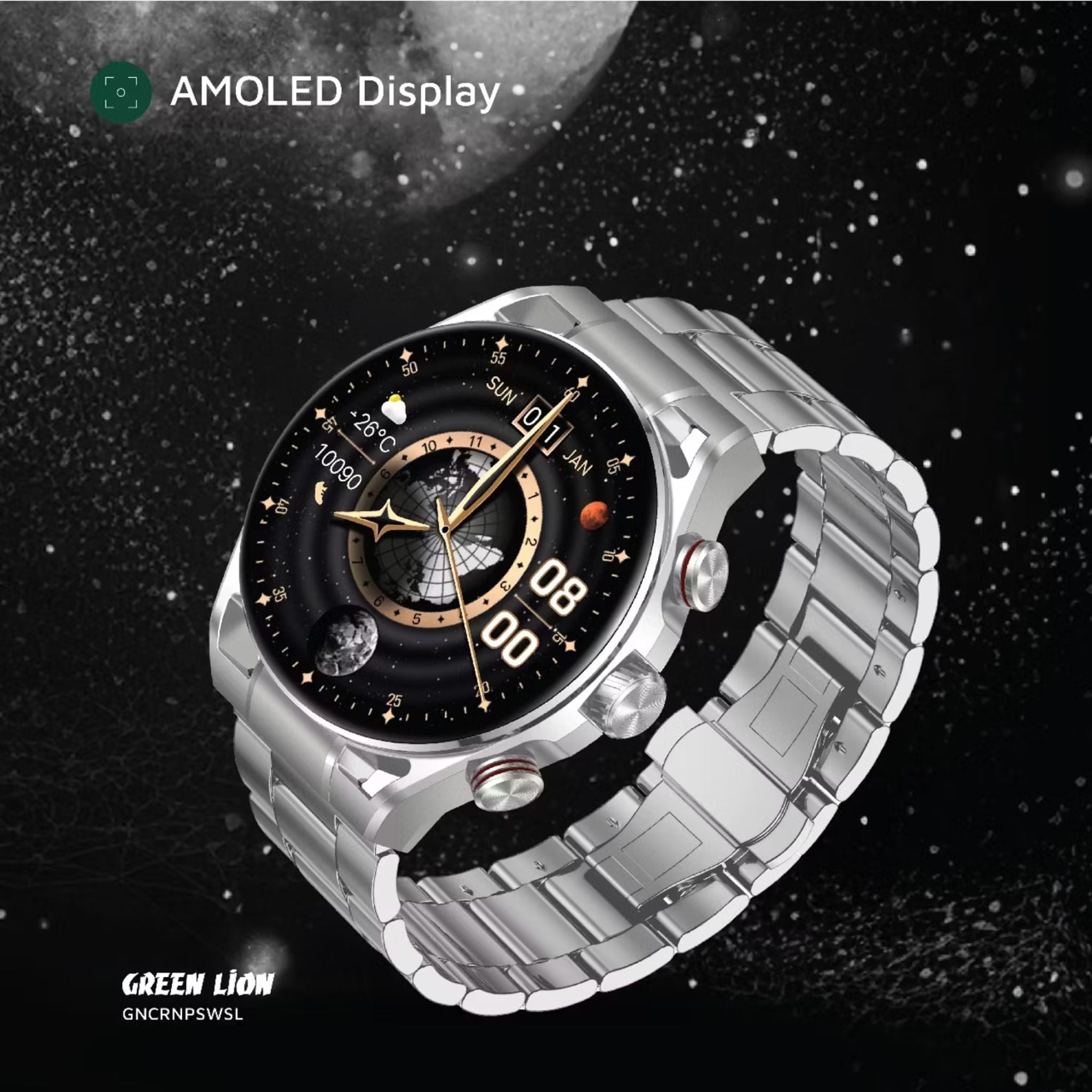 Green Lion Chrono Pro Smart Watch with 1.6" AMOLED Display, 360mAh Battery, Up to 7 Days Working Time, 1000nits Brightness, Activity Tracking, Health Monitoring, Stop Watch & Alarm Clock - Silver