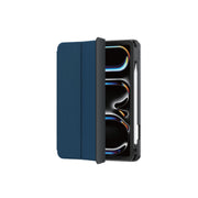 A blue-colored folio case for iPad 10.2", featuring a stable trifold stand and a pencil holder.