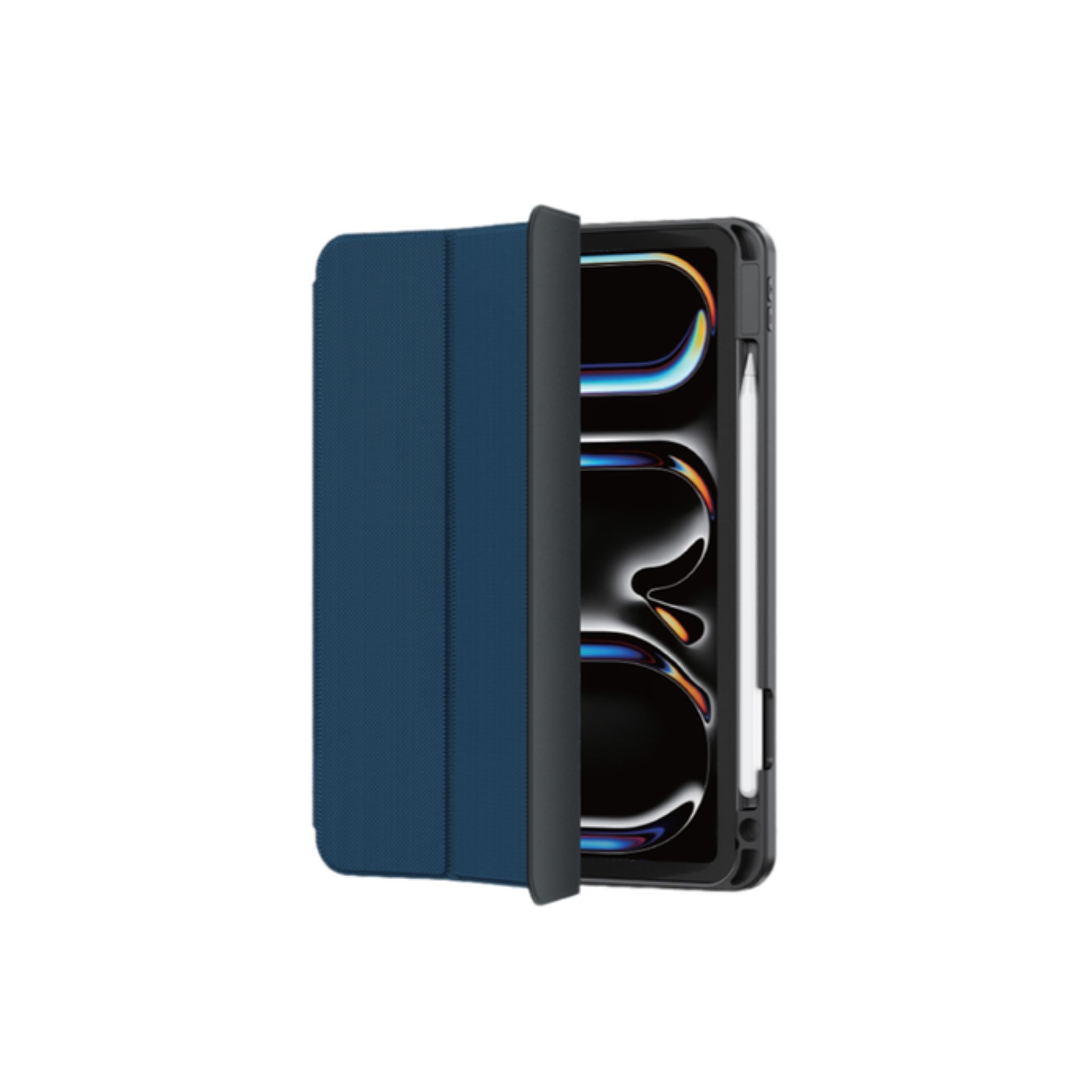 A blue-colored folio case for iPad 10.2", featuring a stable trifold stand and a pencil holder.