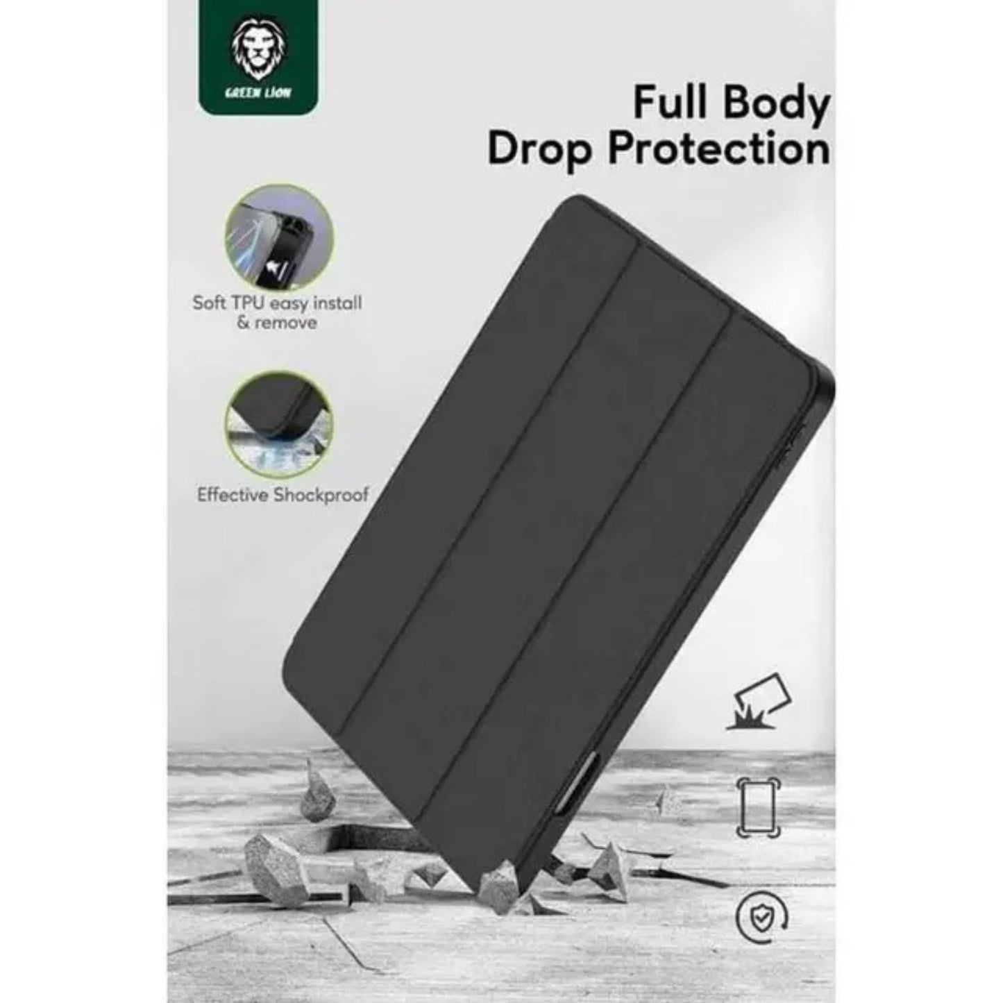 Green Lion Hogo Premium Case with Pencil Holder for iPad 10"-10.9", Easy Install & Remove, Full Body Drop Protection, Effective Shock Proof, Stable Trifold Stand, Adjustable Angels - Black