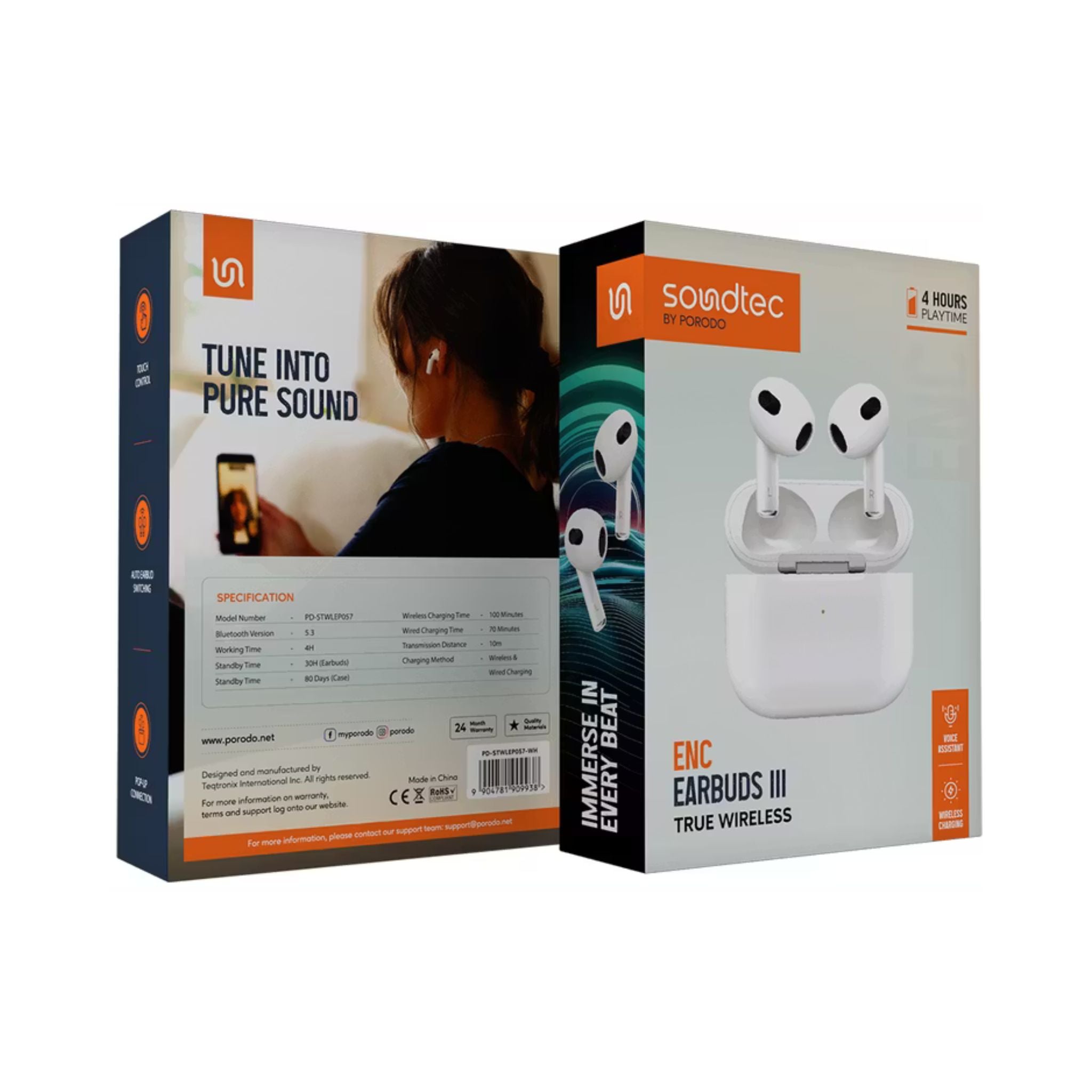 Porodo Soundtec ENC Earbuds III True Wireless with 4 Hours Working Time, Wireless Charging Compatibility, 10m Transmission Distance, Pop-Up Connection - White