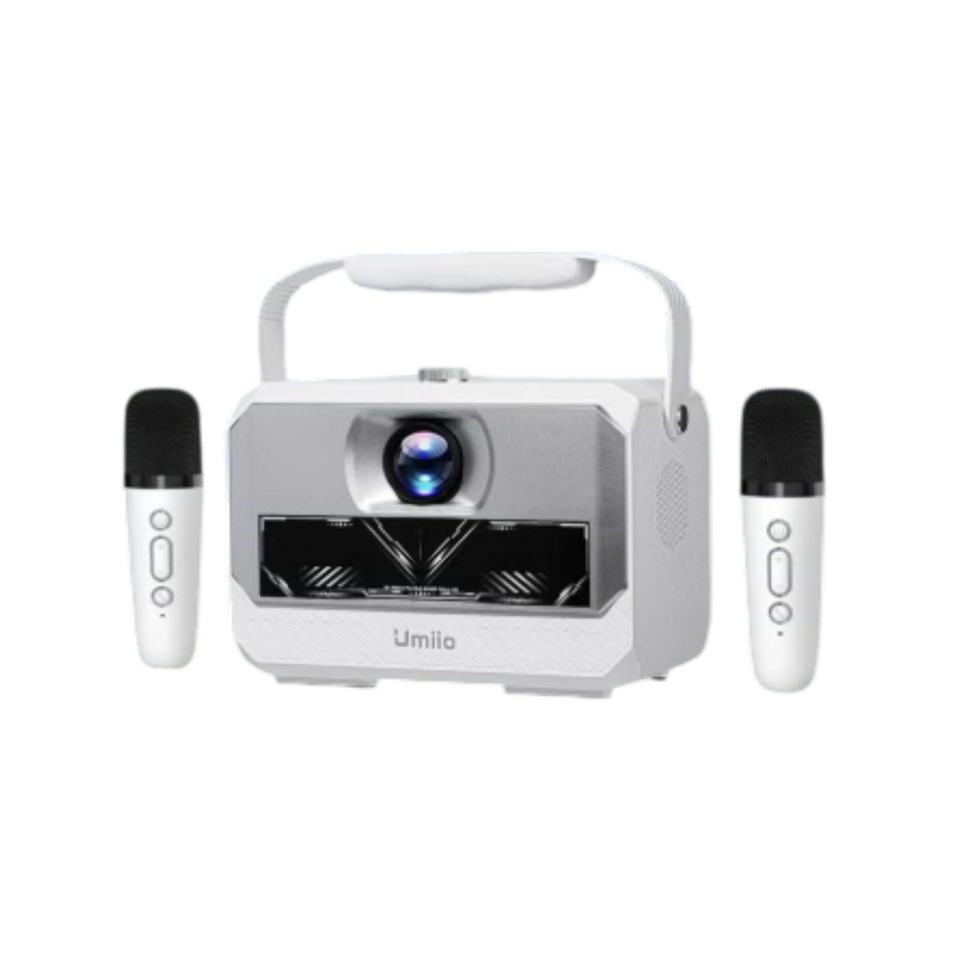 Projector with two microphones on a white background, branded 'Umiio'.