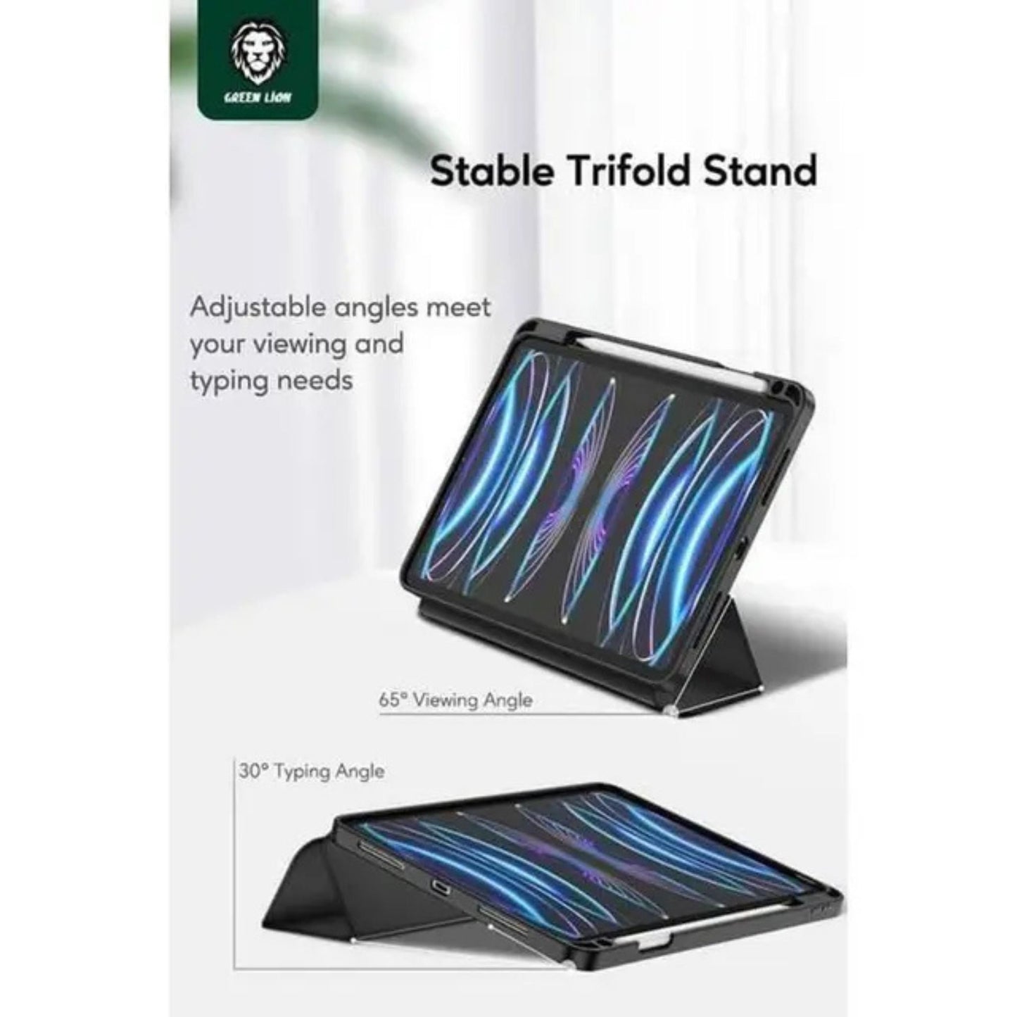 Green Lion Hogo Premium Case with Pencil Holder for iPad 10"-10.9", Easy Install & Remove, Full Body Drop Protection, Effective Shock Proof, Stable Trifold Stand, Adjustable Angels - Black