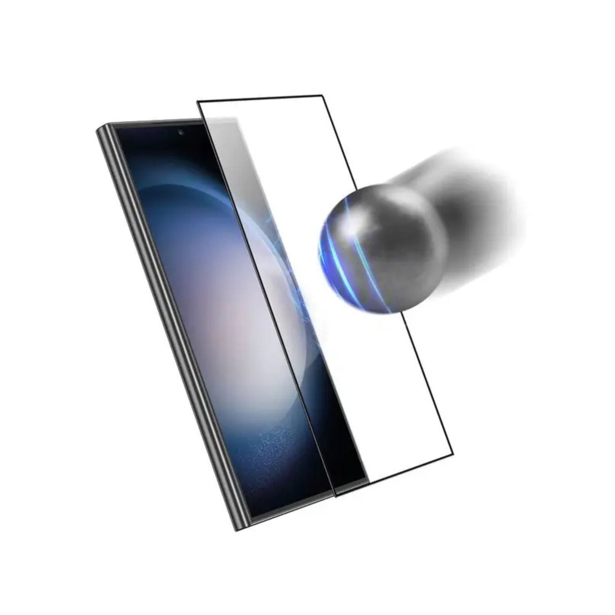 A diagram illustrating the placement and fit of a screen protector on a Samsung Galaxy S24 Ultra, emphasizing its clear appearance and coverage of the screen.