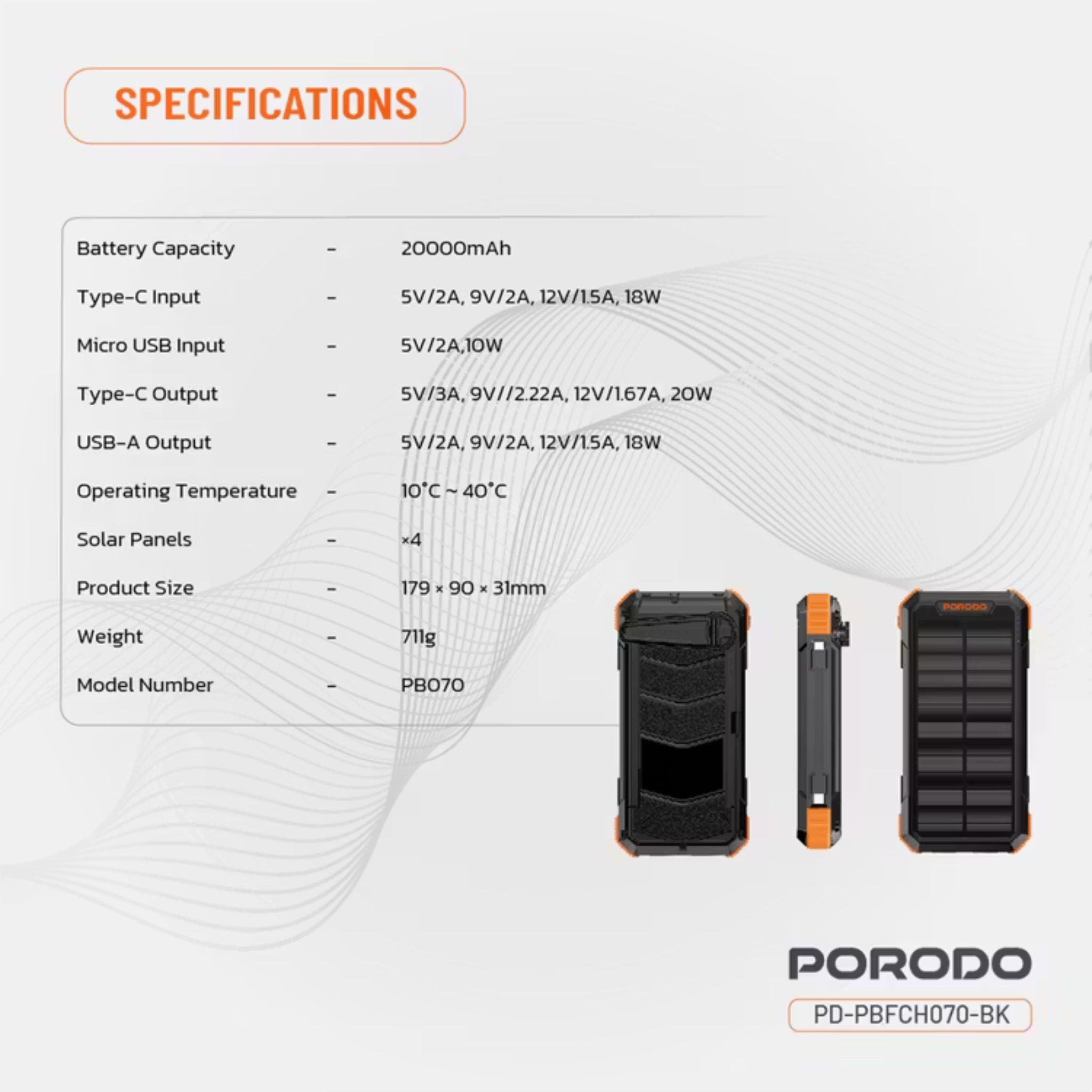 Porodo 20000mAh 4-Panel Solar Power Bank with 20W Power Delivery, Multi-Mode Flashlight, 10W Micro USB Input, Detachable Panels & Cables, - Black