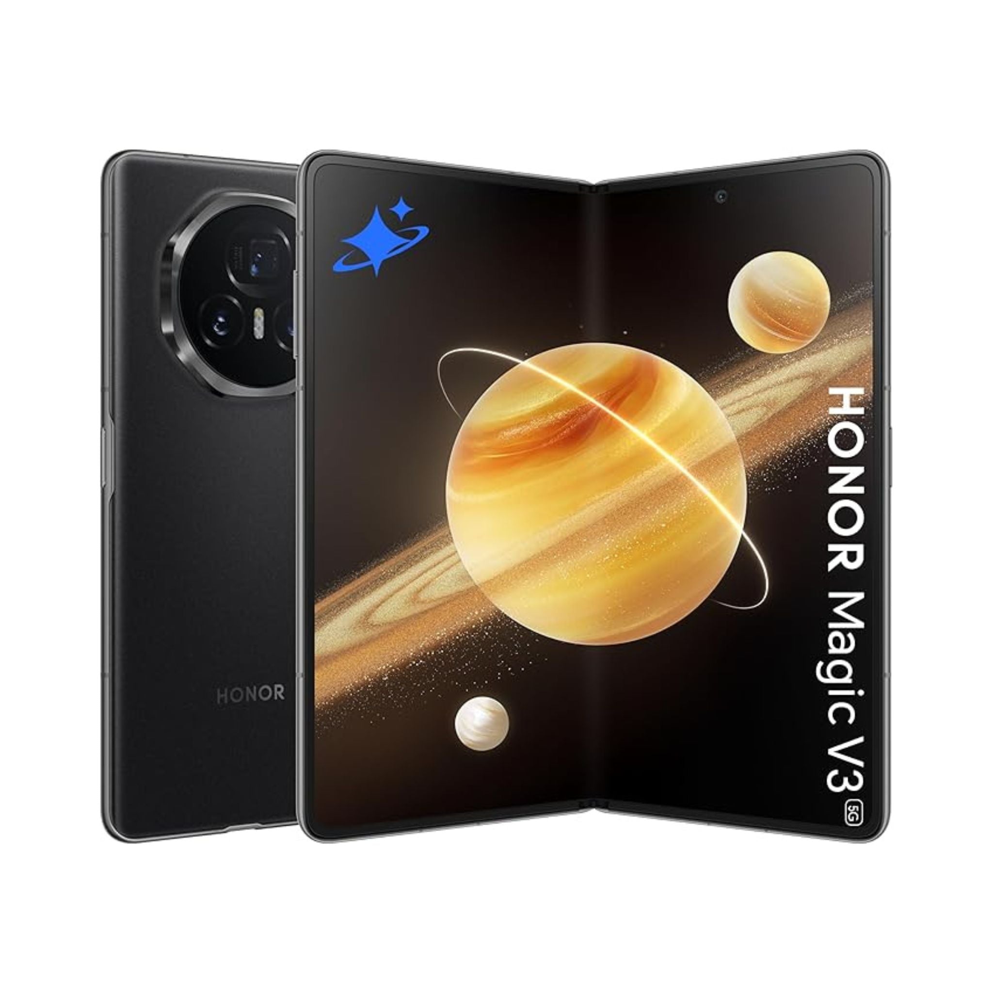 Honor Magic V3 smartphone with space-themed design on a white background