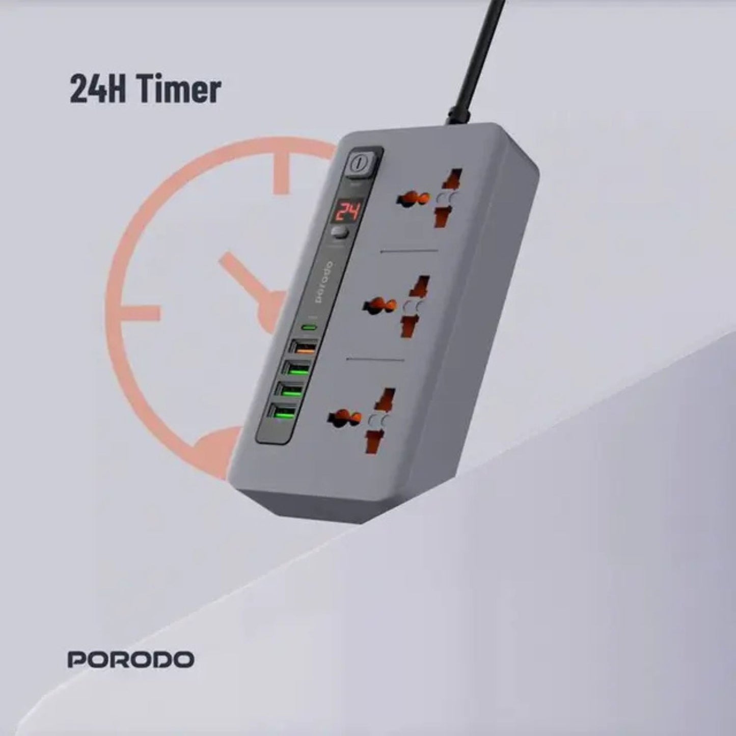 Porodo Multi-Port Power HUB with Power Button & Timer, Over-Heat Protection, 4 USB-A, 1 USB-C, 2m Power Cord - Gray