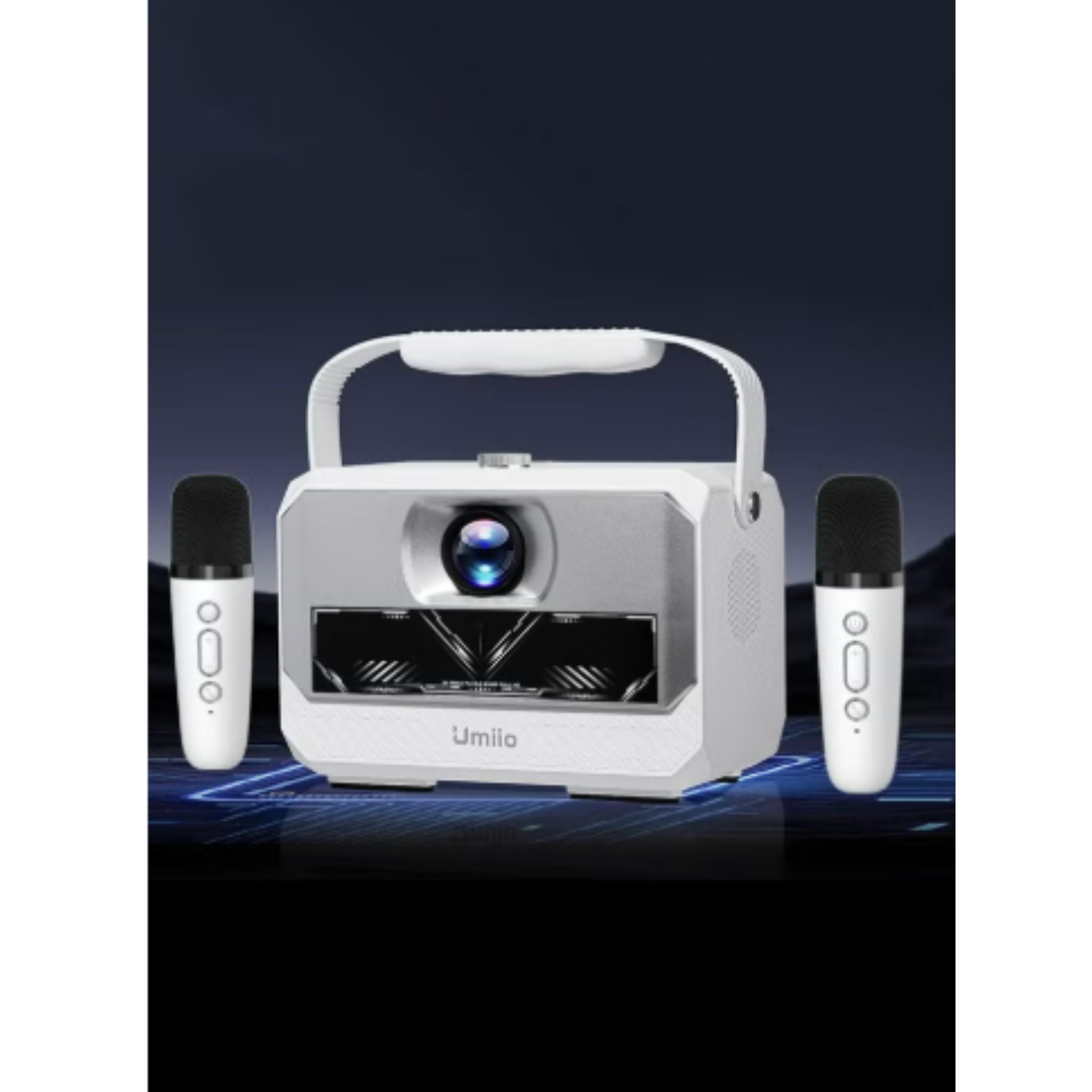 Umiio Q6 Max Smart Android Projector with Wireless Dual Karaoke Mic 4K and 1080*720P Support 200" Display Wi-Fi/Bluetooth HDMI/USB – White