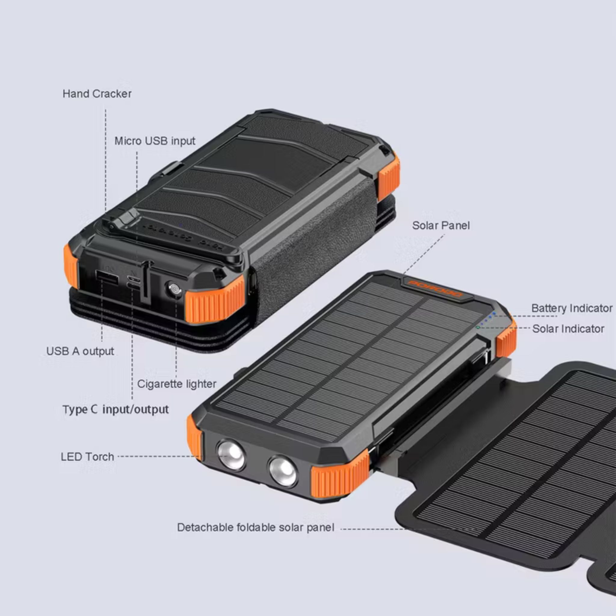 Porodo 20000mAh 4-Panel Solar Power Bank with 20W Power Delivery, Multi-Mode Flashlight, 10W Micro USB Input, Detachable Panels & Cables, - Black