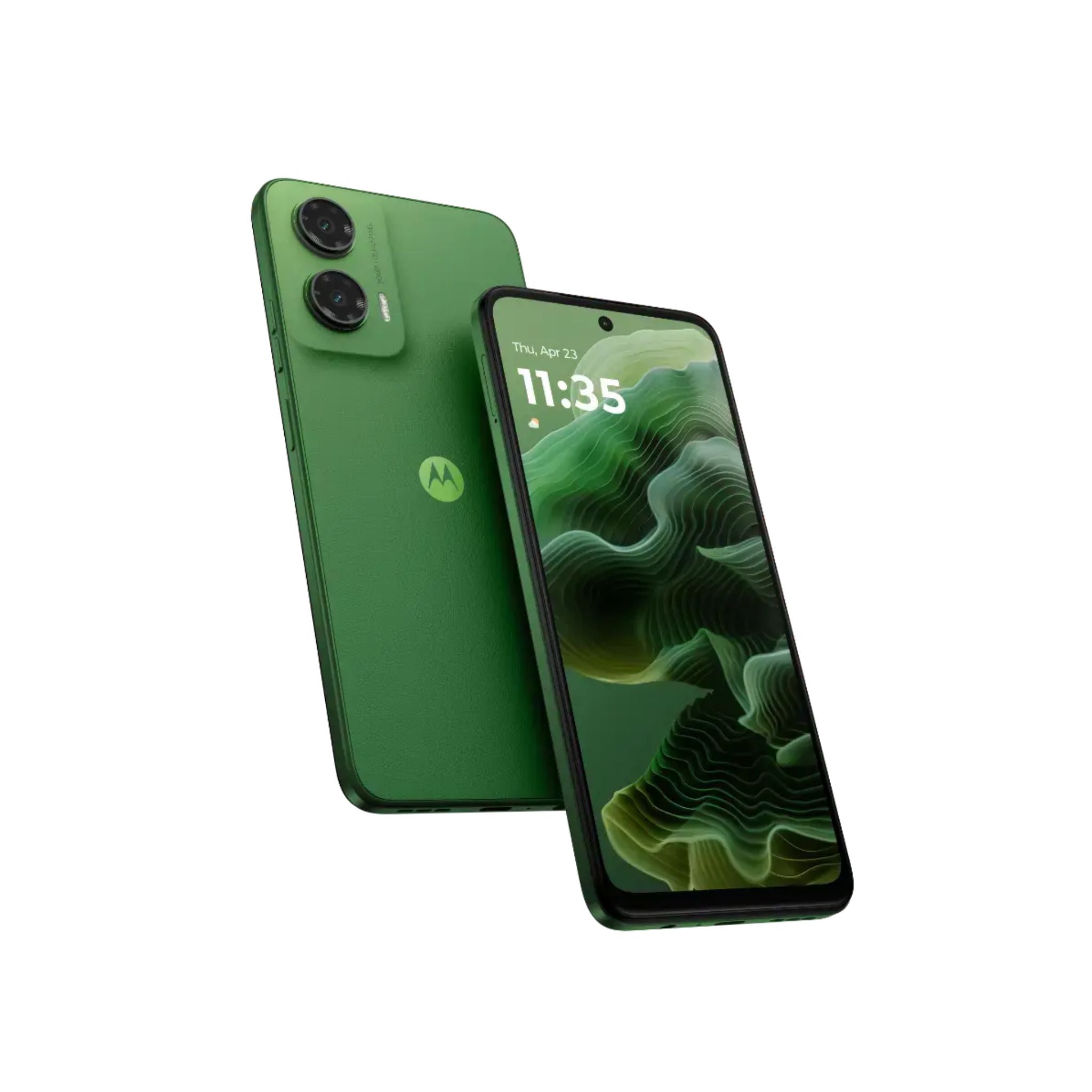 Green smartphone showing front and back on a white background