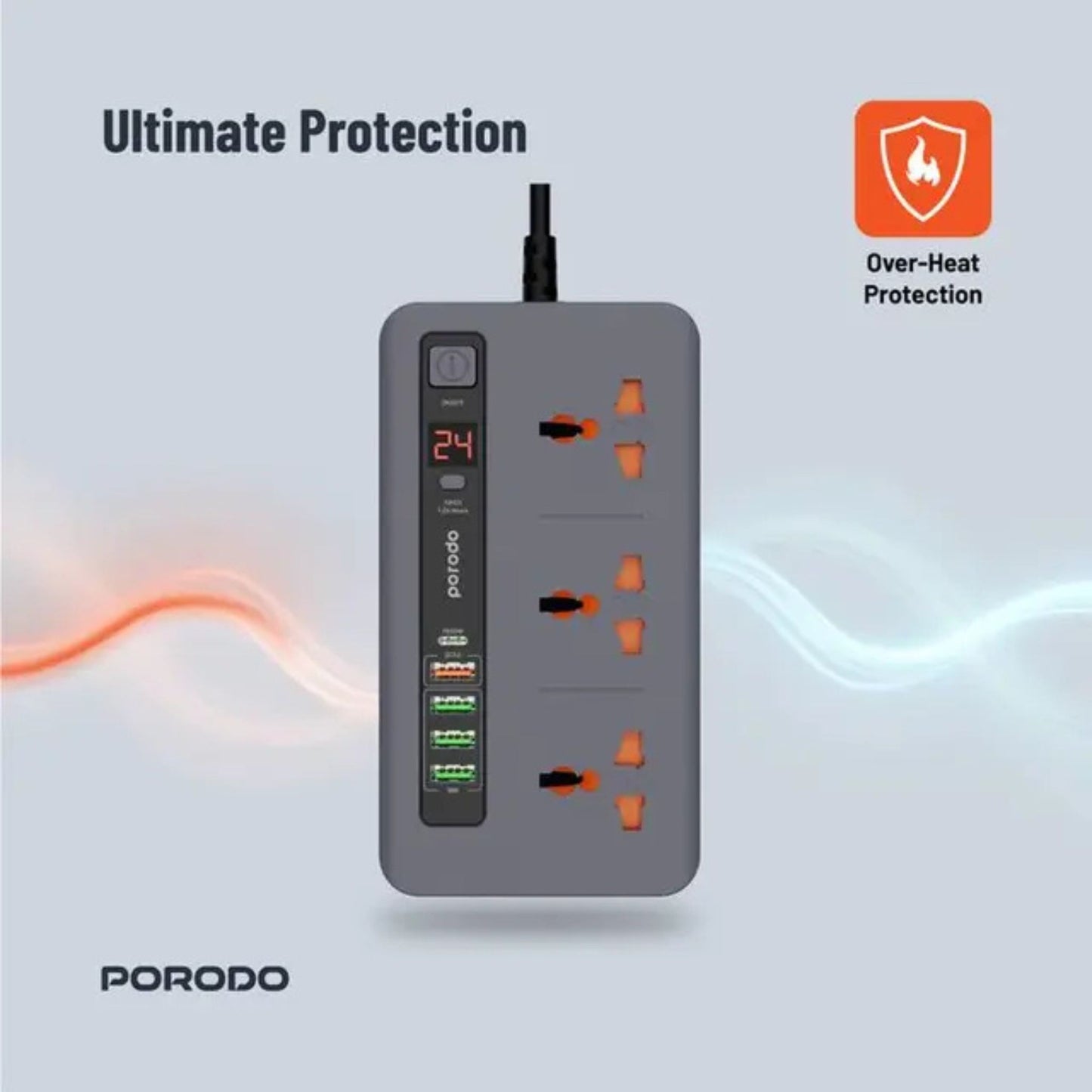 Porodo Multi-Port Power HUB with Power Button & Timer, Over-Heat Protection, 4 USB-A, 1 USB-C, 2m Power Cord - Gray