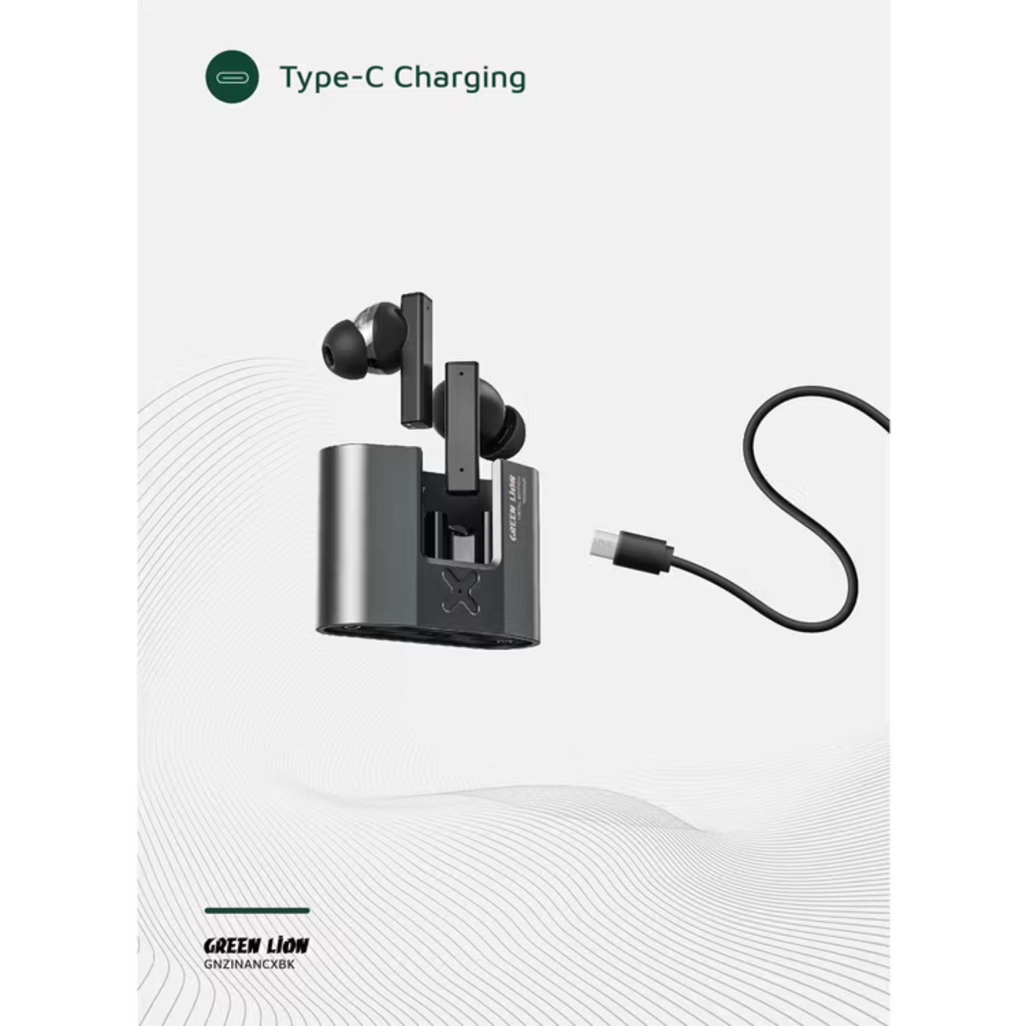 Green Lion ZINC X Metal Earbuds TWS with ANC, Aluminum Alloy Case, High-Definition Microphone, 25dB Noise Reduction, 10 Meters Transmission Range - Black