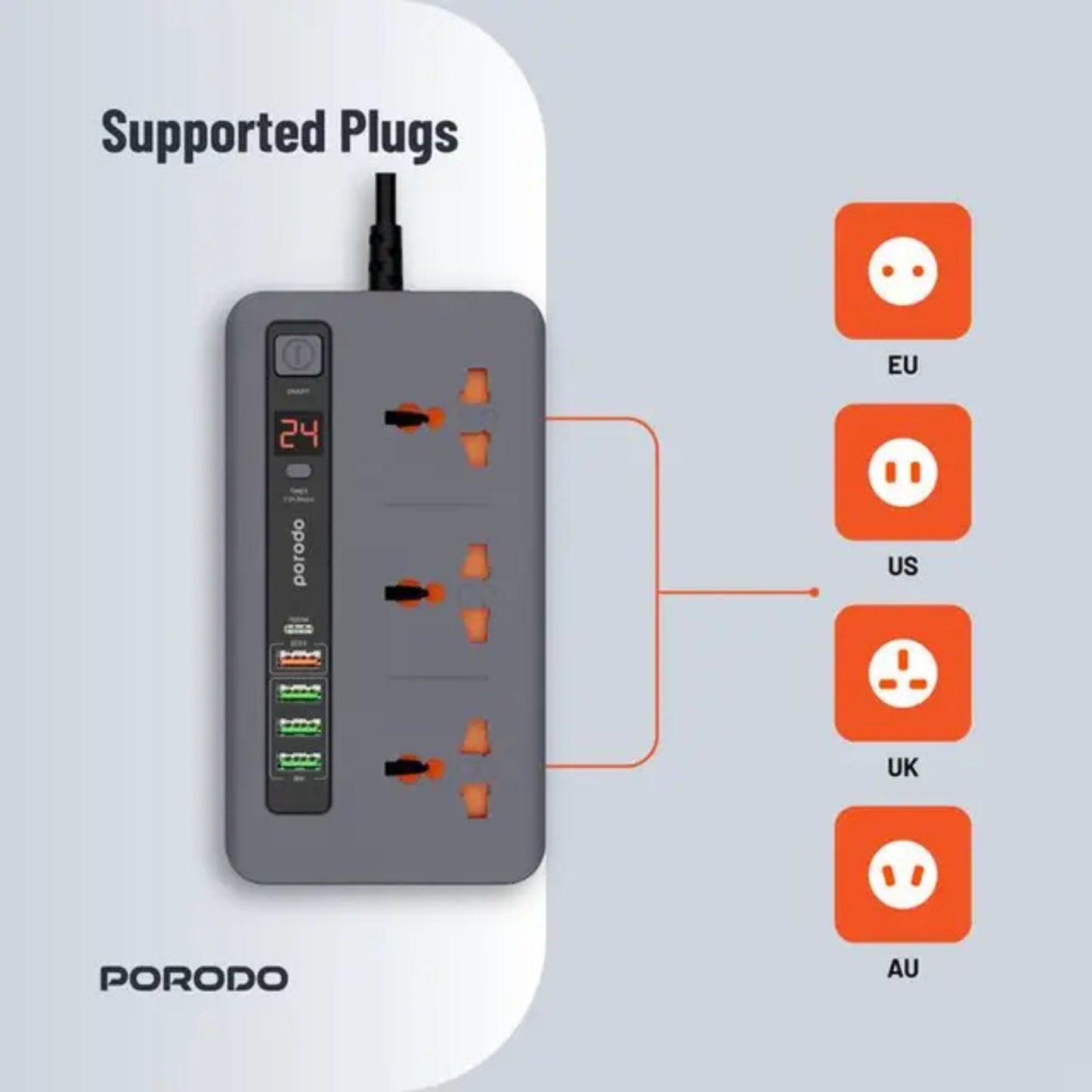 Porodo Multi-Port Power HUB with Power Button & Timer, Over-Heat Protection, 4 USB-A, 1 USB-C, 2m Power Cord - Gray