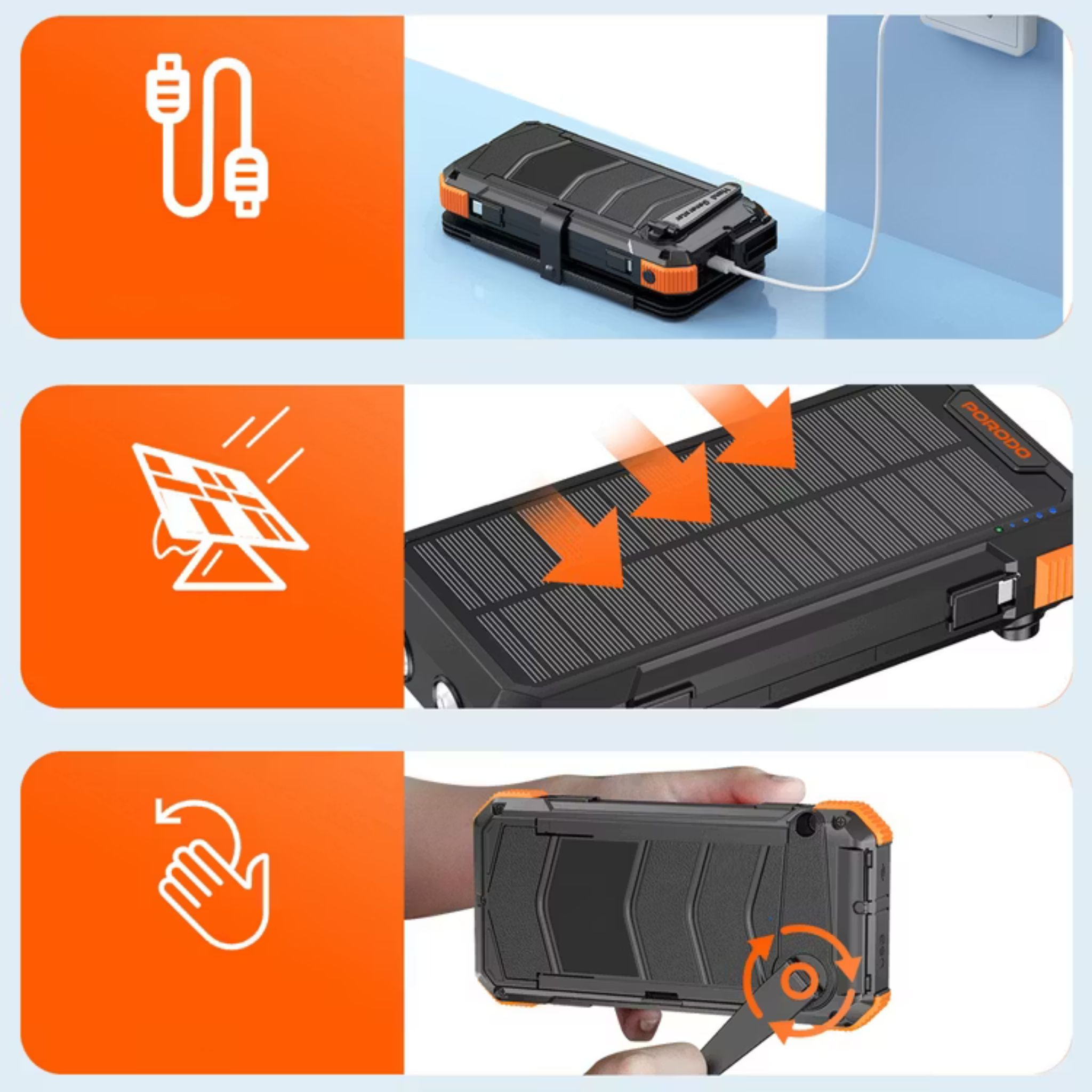 Porodo 20000mAh 4-Panel Solar Power Bank with 20W Power Delivery, Multi-Mode Flashlight, 10W Micro USB Input, Detachable Panels & Cables, - Black