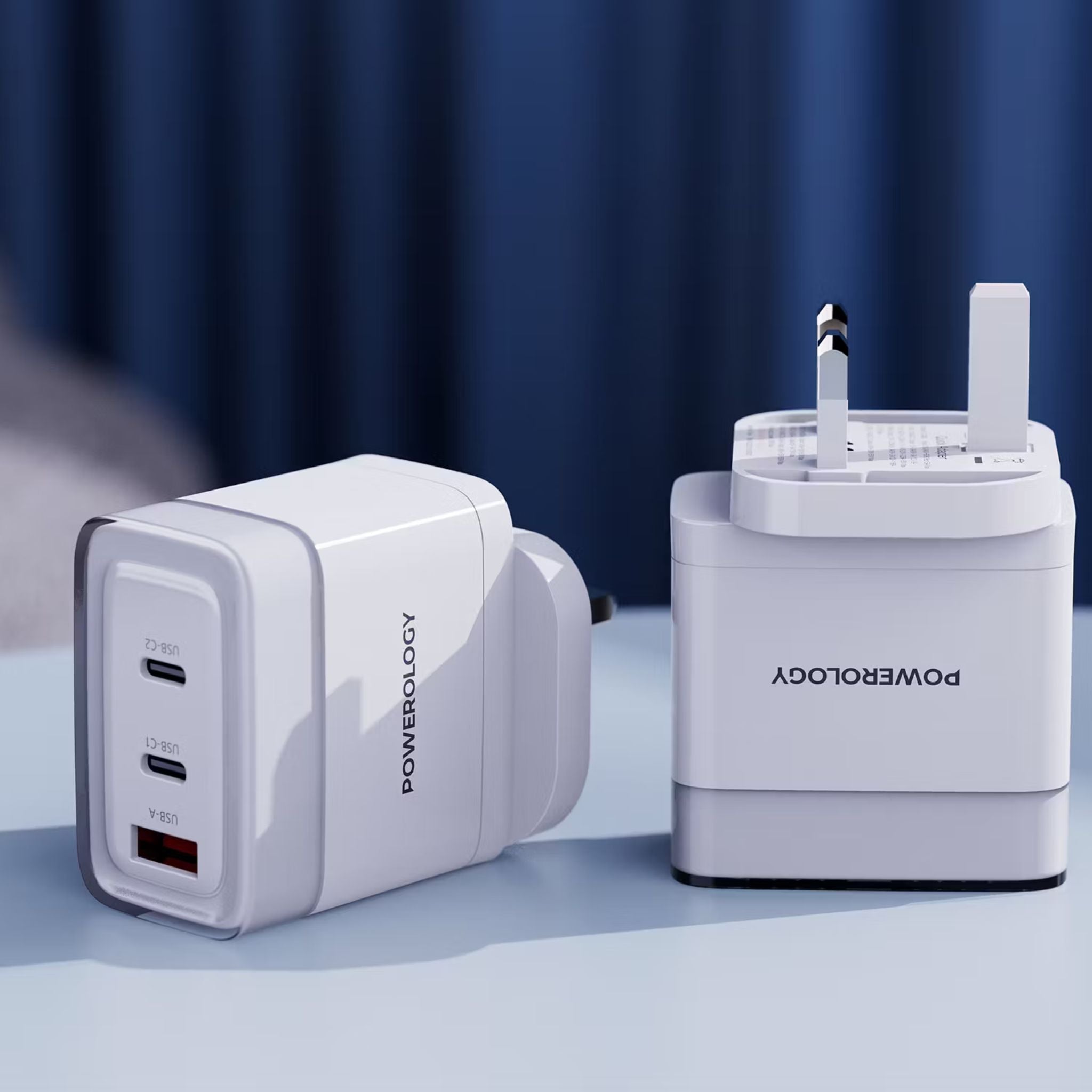 Powerology Lunex Series 3-Port Fast Charging Adapter with UK 3-Pin Power Plug, 65W PD USB-C Output, 22.5W QC USB-A Output, Multi-Device Charging, Powerful Laptop Charging, Universal Protocol Support - White