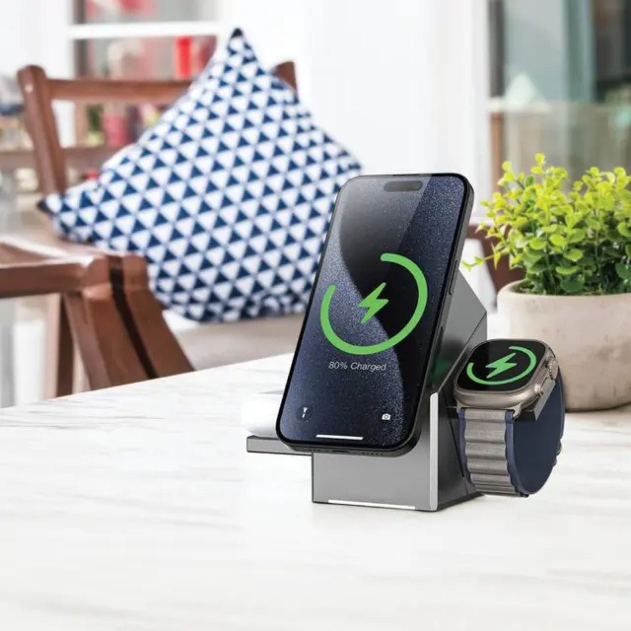 Green Lion Power Trio 3 In 1 Wireless Charger, 4.5h Working Time, 15W Phone Charging, 3W Airpod & Watch Output, Type-C Input - Gray