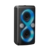 A black Monster Cycle Plus Party Speaker with multicolor lighting effects on the speaker grill.