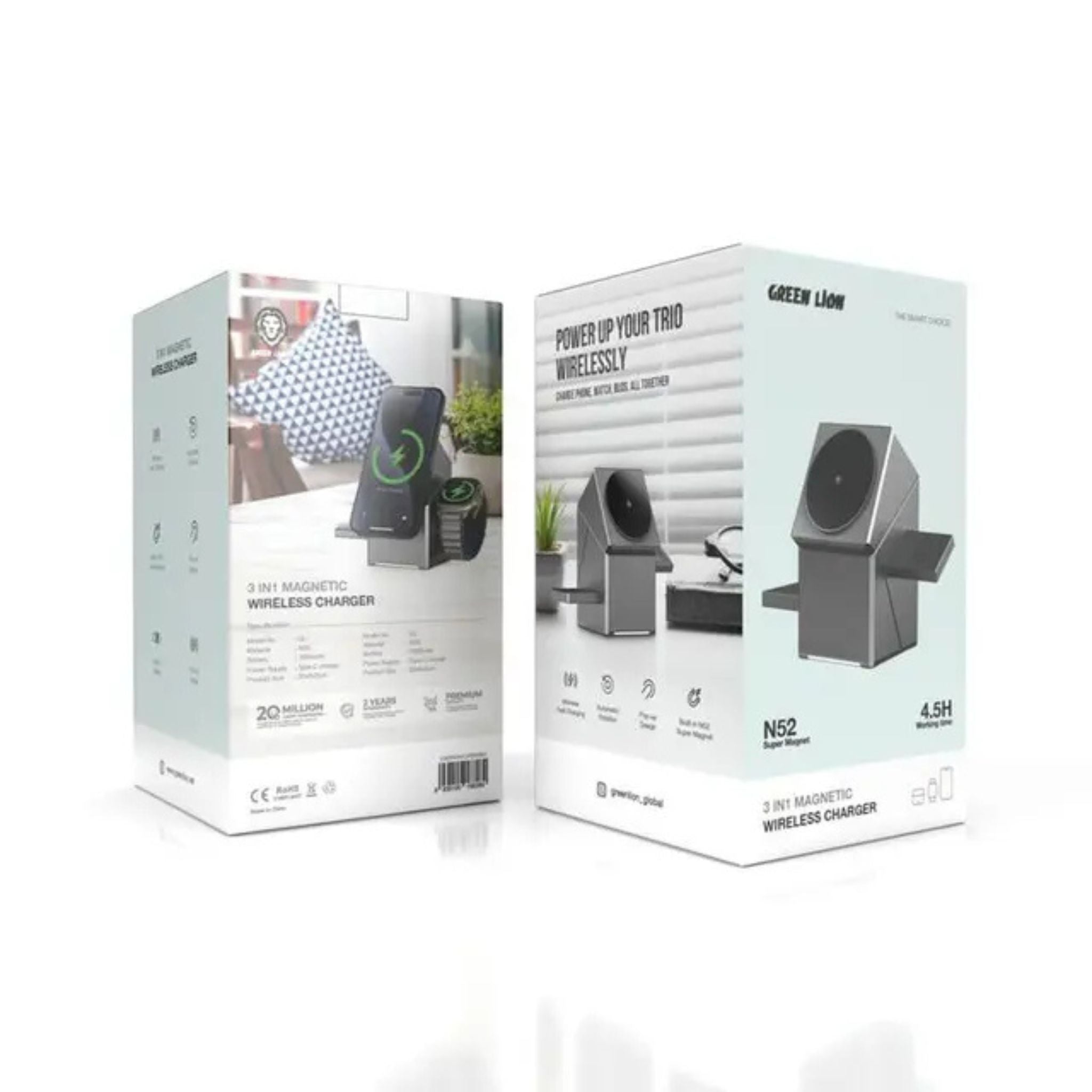 Green Lion Power Trio 3 In 1 Wireless Charger, 4.5h Working Time, 15W Phone Charging, 3W Airpod & Watch Output, Type-C Input - Gray