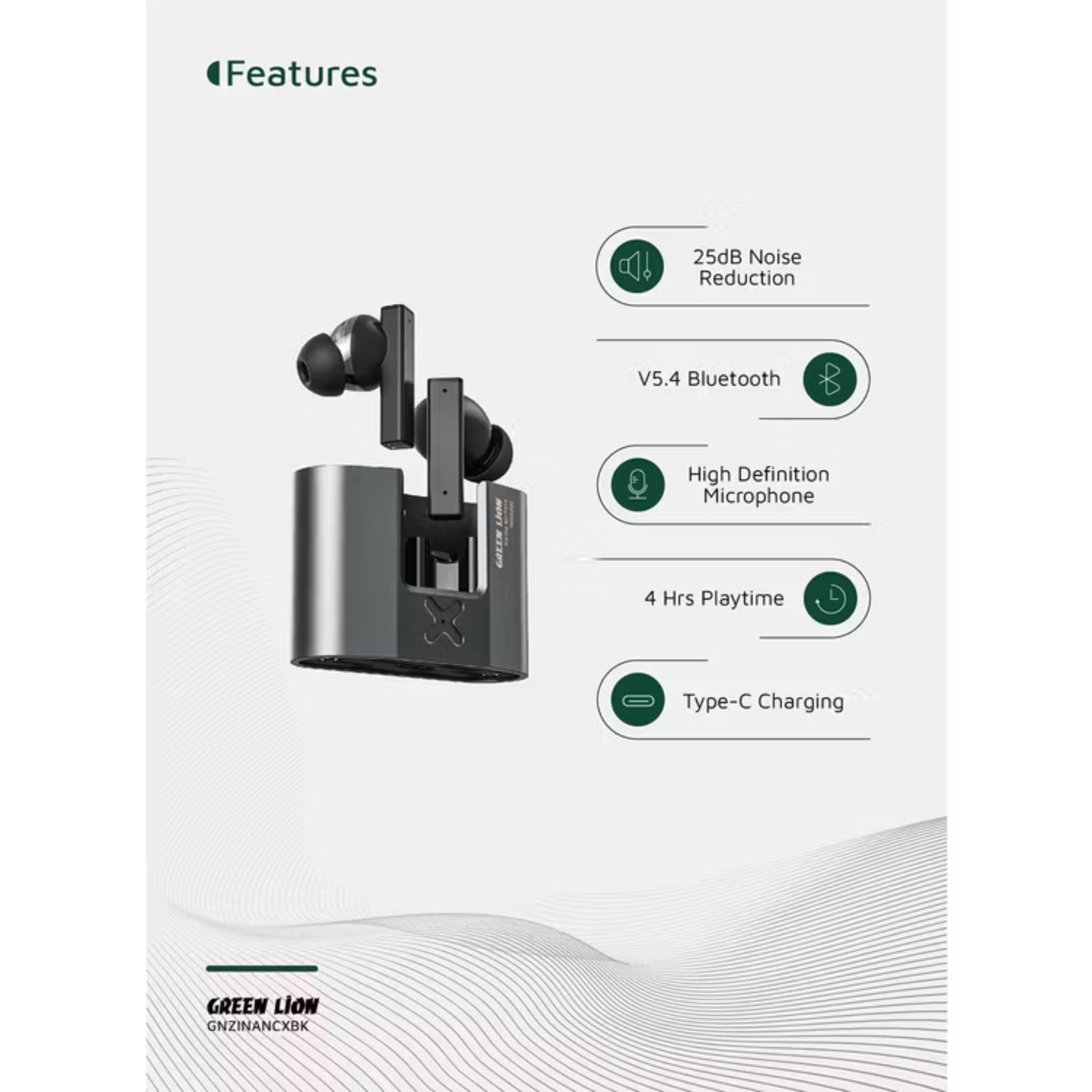 Green Lion ZINC X Metal Earbuds TWS with ANC, Aluminum Alloy Case, High-Definition Microphone, 25dB Noise Reduction, 10 Meters Transmission Range - Black