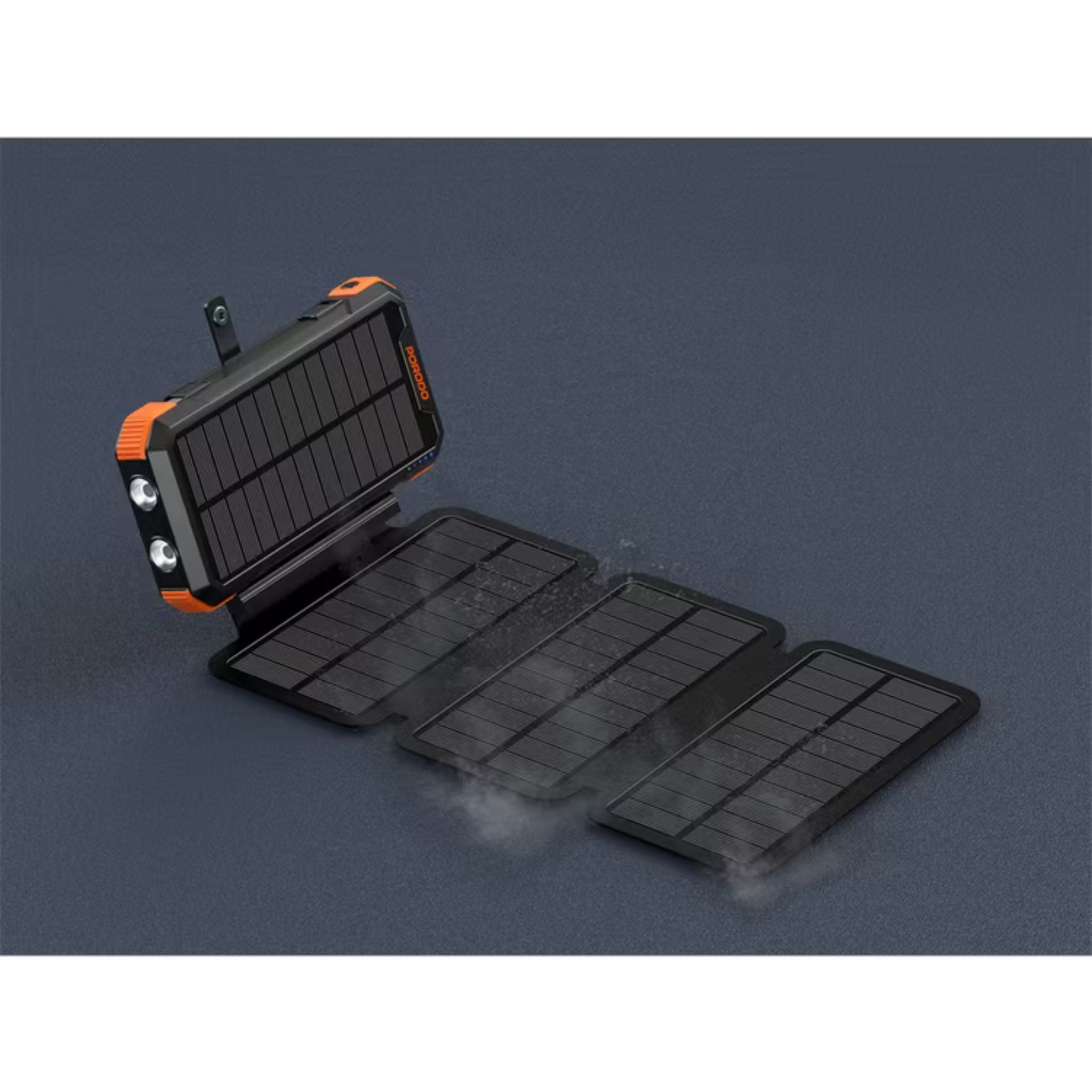 Porodo 20000mAh 4-Panel Solar Power Bank with 20W Power Delivery, Multi-Mode Flashlight, 10W Micro USB Input, Detachable Panels & Cables, - Black