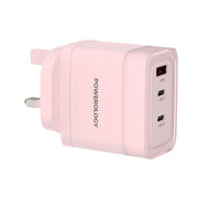 Powerology Lunex Series 3-Port Fast Charging Adapter with UK 3-Pin Power Plug, 65W PD USB-C Output, 22.5W QC USB-A Output, Multi-Device Charging, Powerful Laptop Charging, Universal Protocol Support - Pink