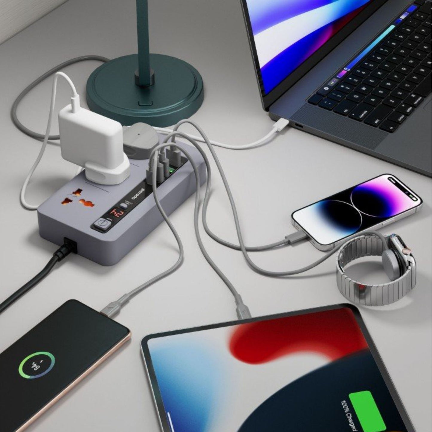 Porodo Multi-Port Power HUB with Power Button & Timer, Over-Heat Protection, 4 USB-A, 1 USB-C, 2m Power Cord - Gray