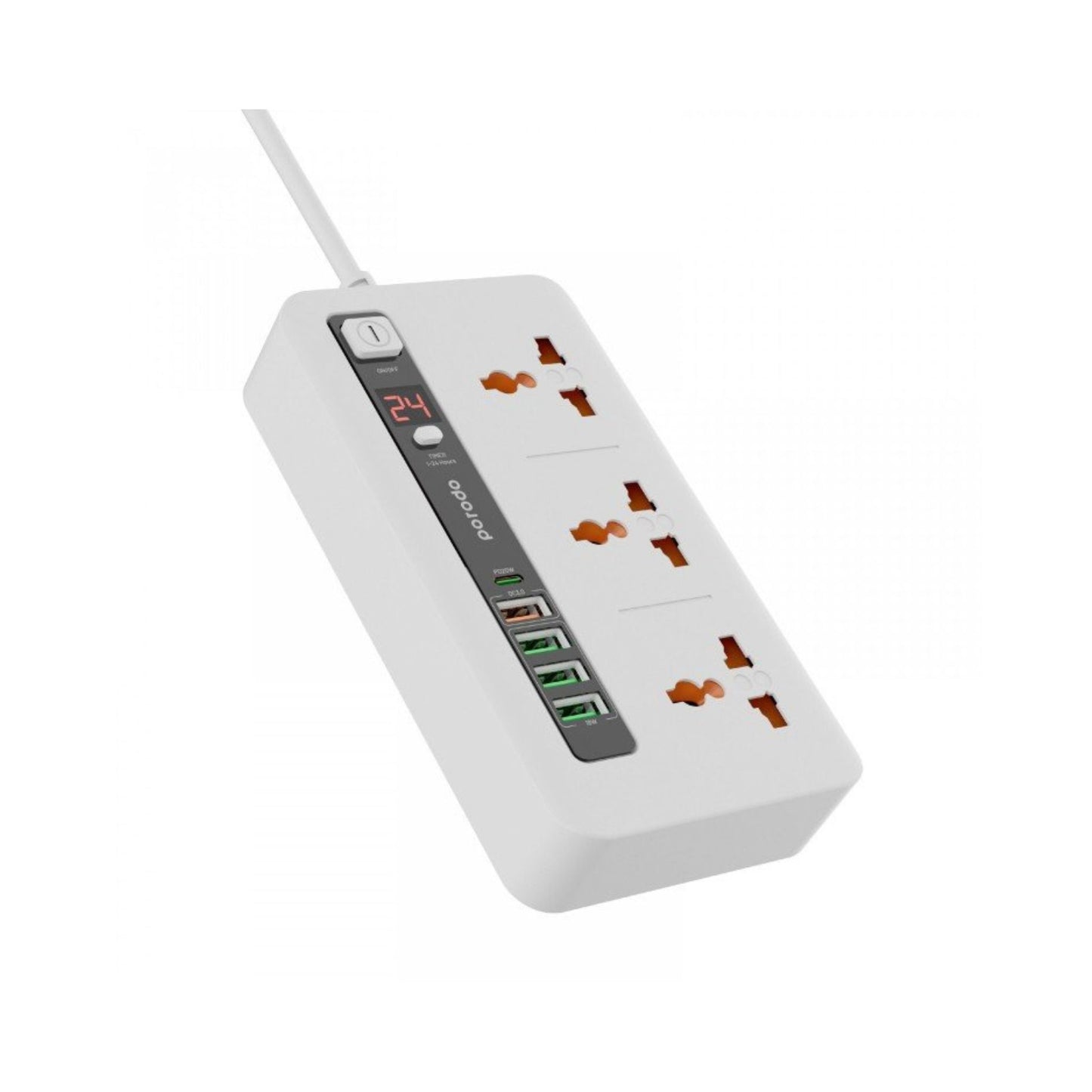 Porodo Multi-Port Power HUB with Power Button & Timer, Over-Heat Protection, 4 USB-A, 1 USB-C, 2m Power Cord - White