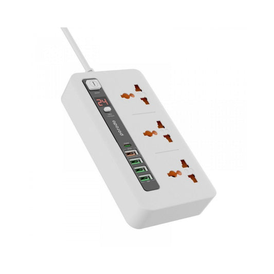 Porodo Multi-Port Power HUB with Power Button & Timer, Over-Heat Protection, 4 USB-A, 1 USB-C, 2m Power Cord - White