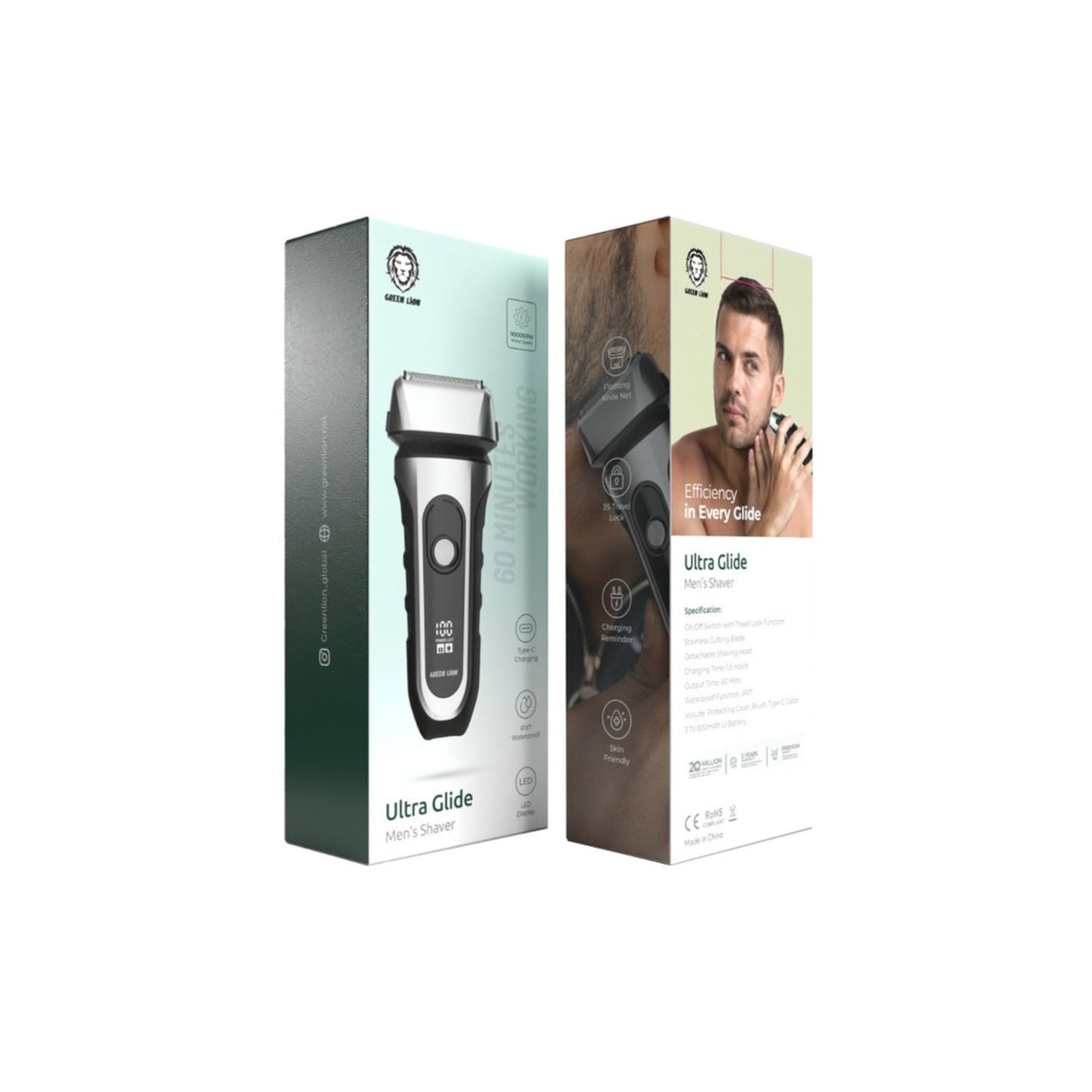 Green Lion Ultra Glide Men's Shaver | 3.7V 600mAh Li-Battery| LED display & USB-C Charging|IPX7 Waterproof- Black