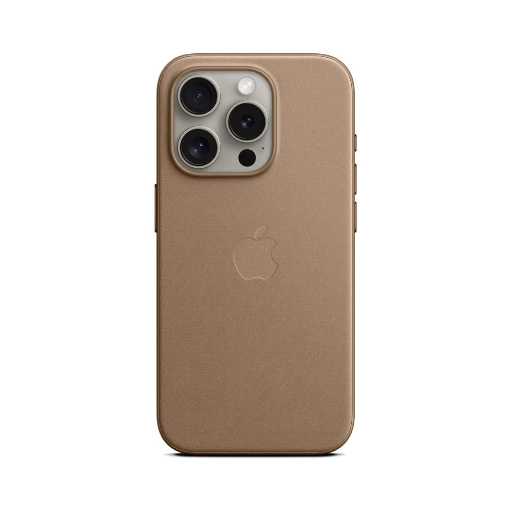 An Apple iPhone 15 Pro case in taupe color, featuring a magnetic attachment surface for MagSafe charging.