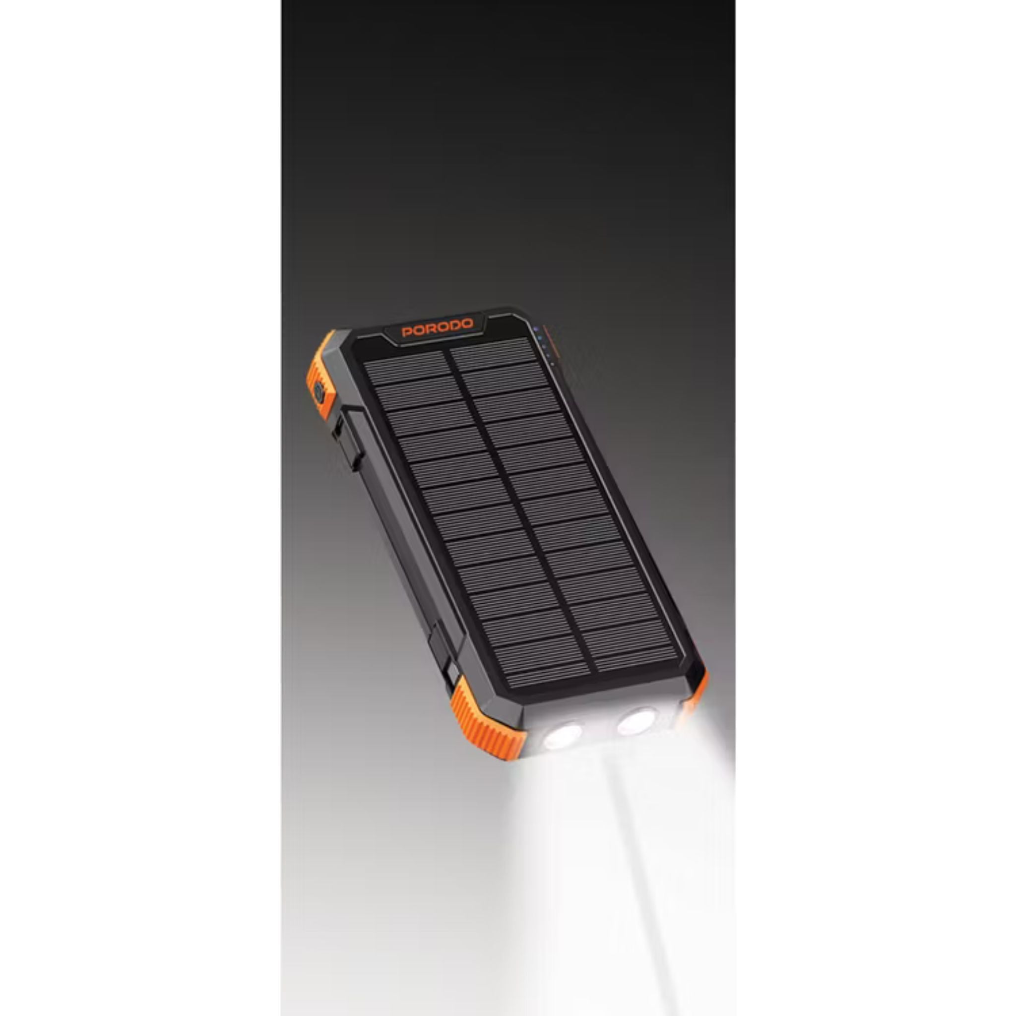 Porodo 20000mAh 4-Panel Solar Power Bank with 20W Power Delivery, Multi-Mode Flashlight, 10W Micro USB Input, Detachable Panels & Cables, - Black