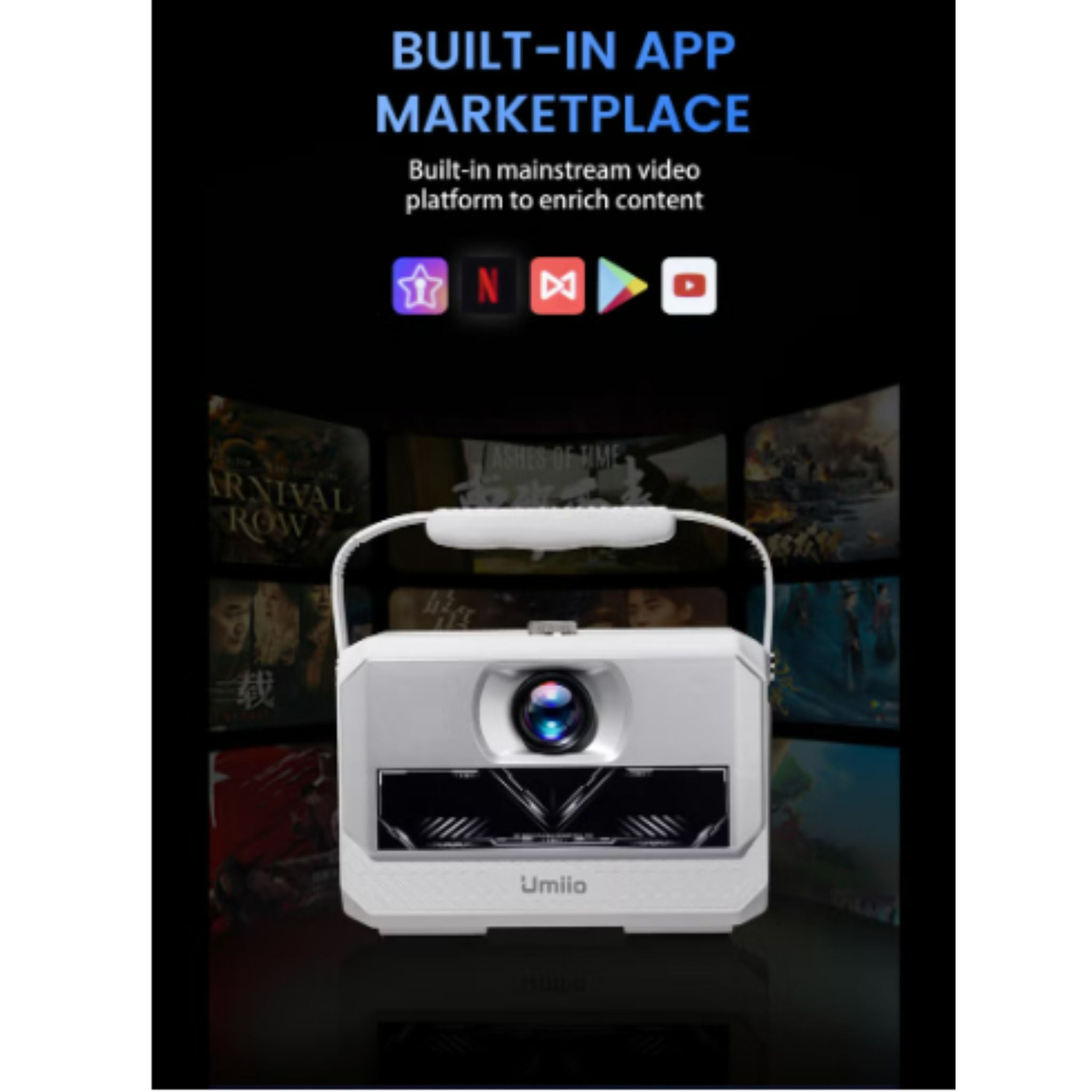 Umiio Q6 Max Smart Android Projector with Wireless Dual Karaoke Mic 4K and 1080*720P Support 200" Display Wi-Fi/Bluetooth HDMI/USB – White