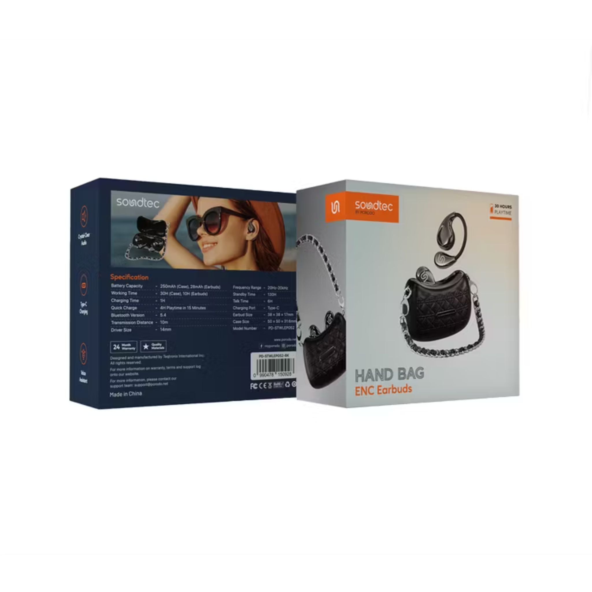 Porodo Soundtec Hand Bag ENC Earbuds with Voice Assistant, Up to 30 Hours Play Time, Fast Charge, 10m Transmission Distance, Up to 6 Hours Talk Time, Crystal-Clear Audio, Type-C Charging Port, 130 Hours Standby Time, 14mm Driver Size