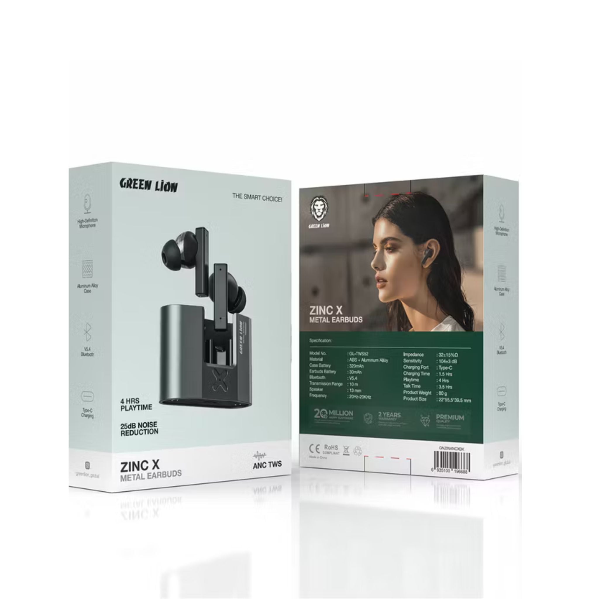 Green Lion ZINC X Metal Earbuds TWS with ANC, Aluminum Alloy Case, High-Definition Microphone, 25dB Noise Reduction, 10 Meters Transmission Range - Black