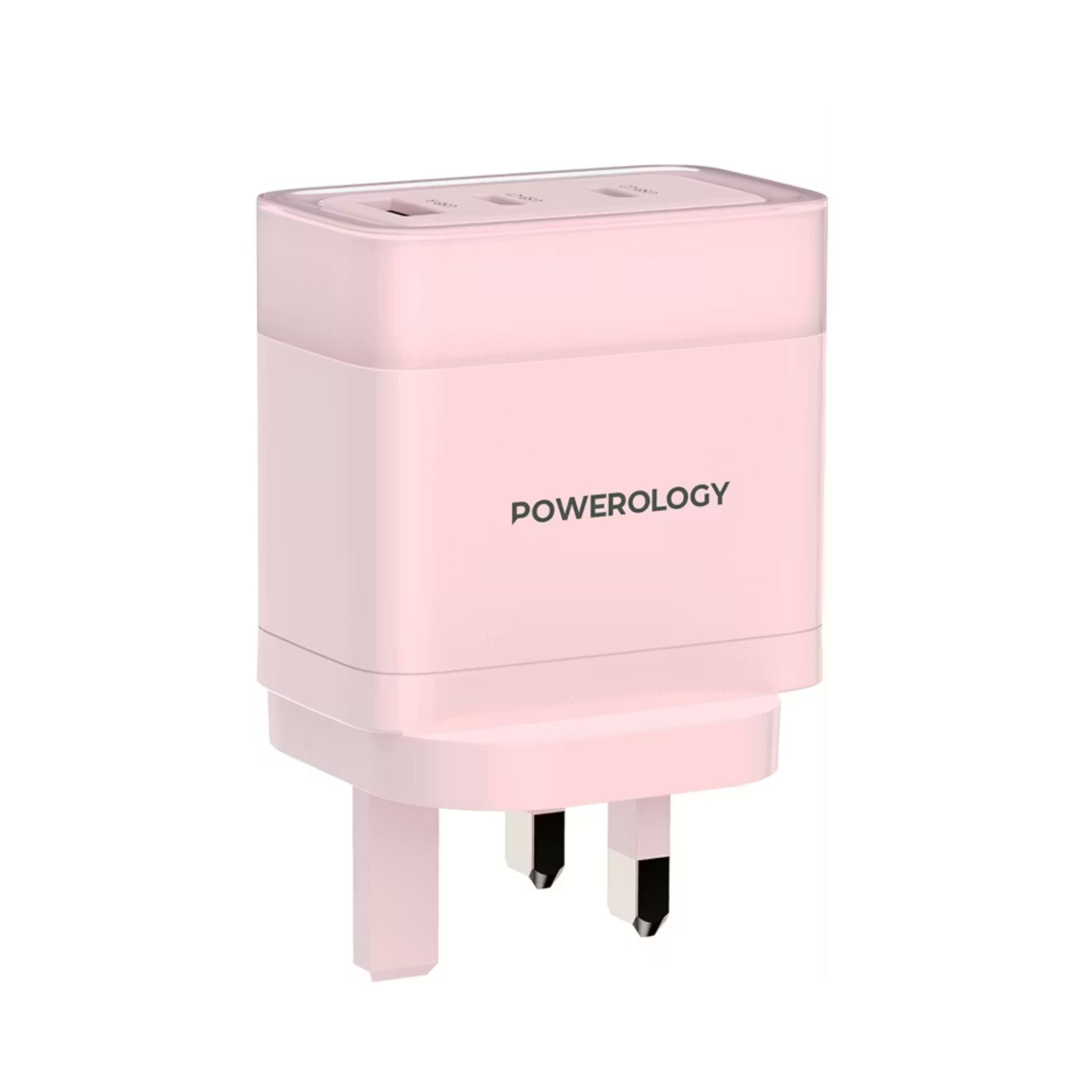 Powerology Lunex Series 3-Port Fast Charging Adapter with UK 3-Pin Power Plug, 65W PD USB-C Output, 22.5W QC USB-A Output, Multi-Device Charging, Powerful Laptop Charging, Universal Protocol Support - Pink