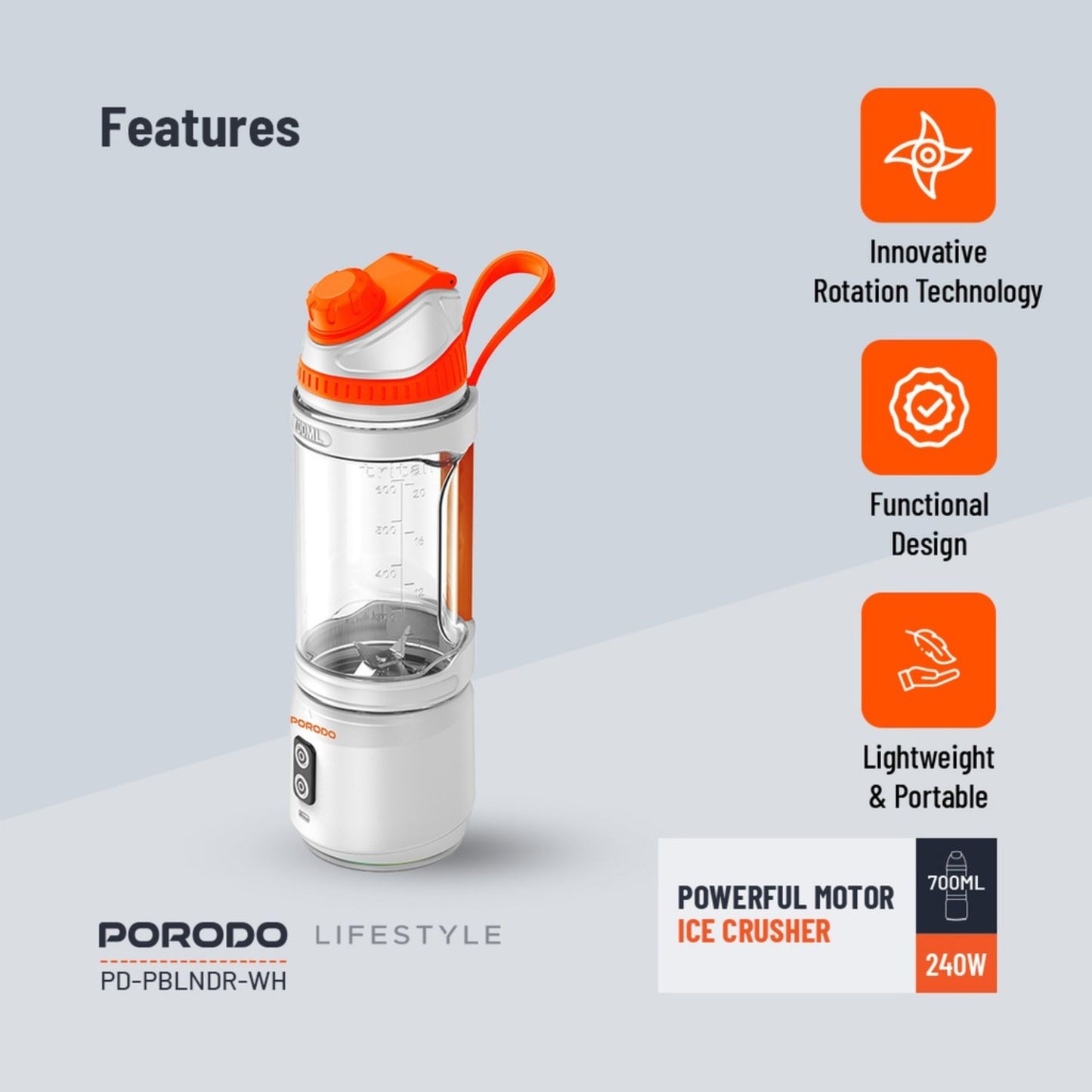 Porodo 240W 6 Blade Portable Blender 700ml with Functional Design, Powerful Motor Ice Crusher, Blending Time 30 Seconds/Cycle, Innovative Rotation Technology - White