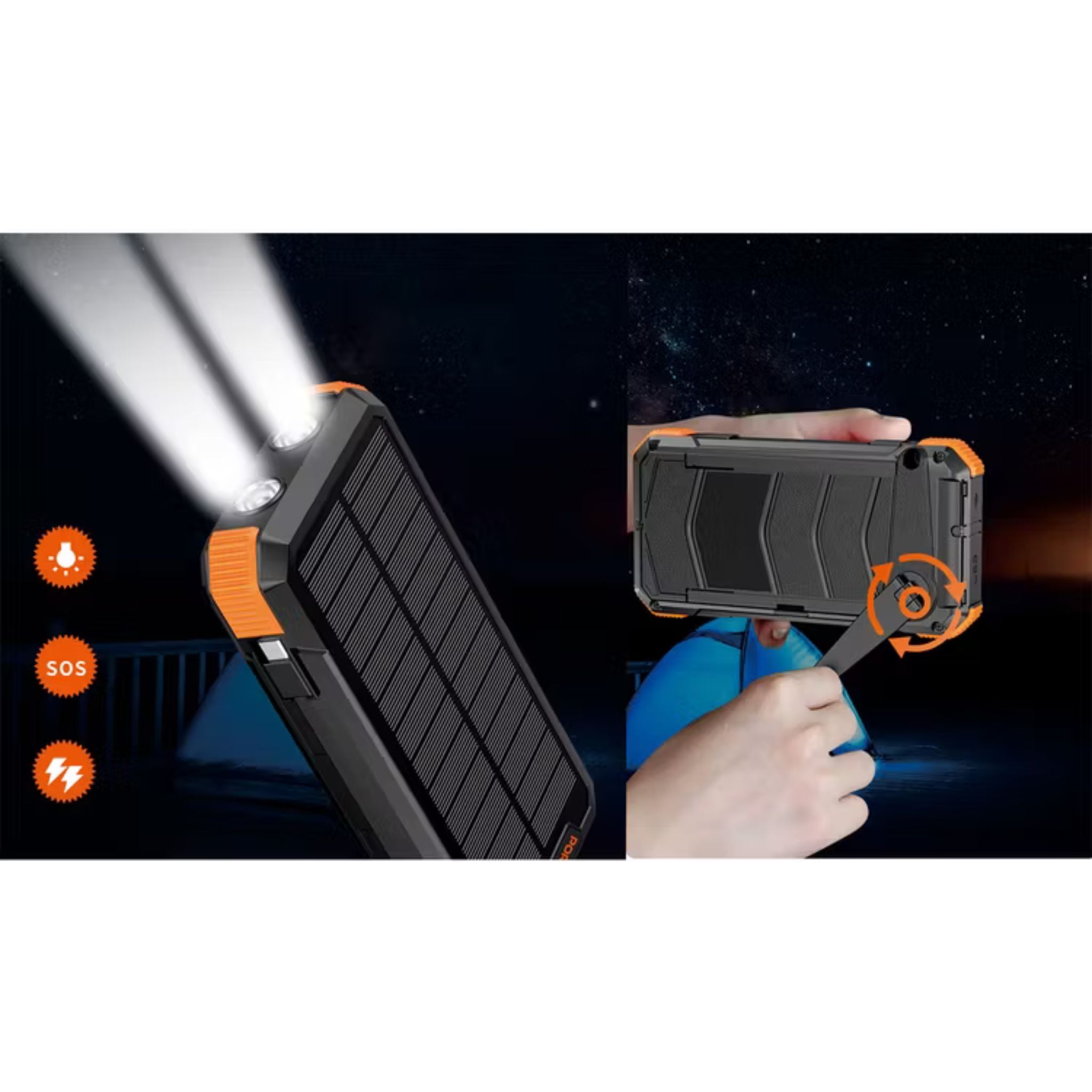 Porodo 20000mAh 4-Panel Solar Power Bank with 20W Power Delivery, Multi-Mode Flashlight, 10W Micro USB Input, Detachable Panels & Cables, - Black