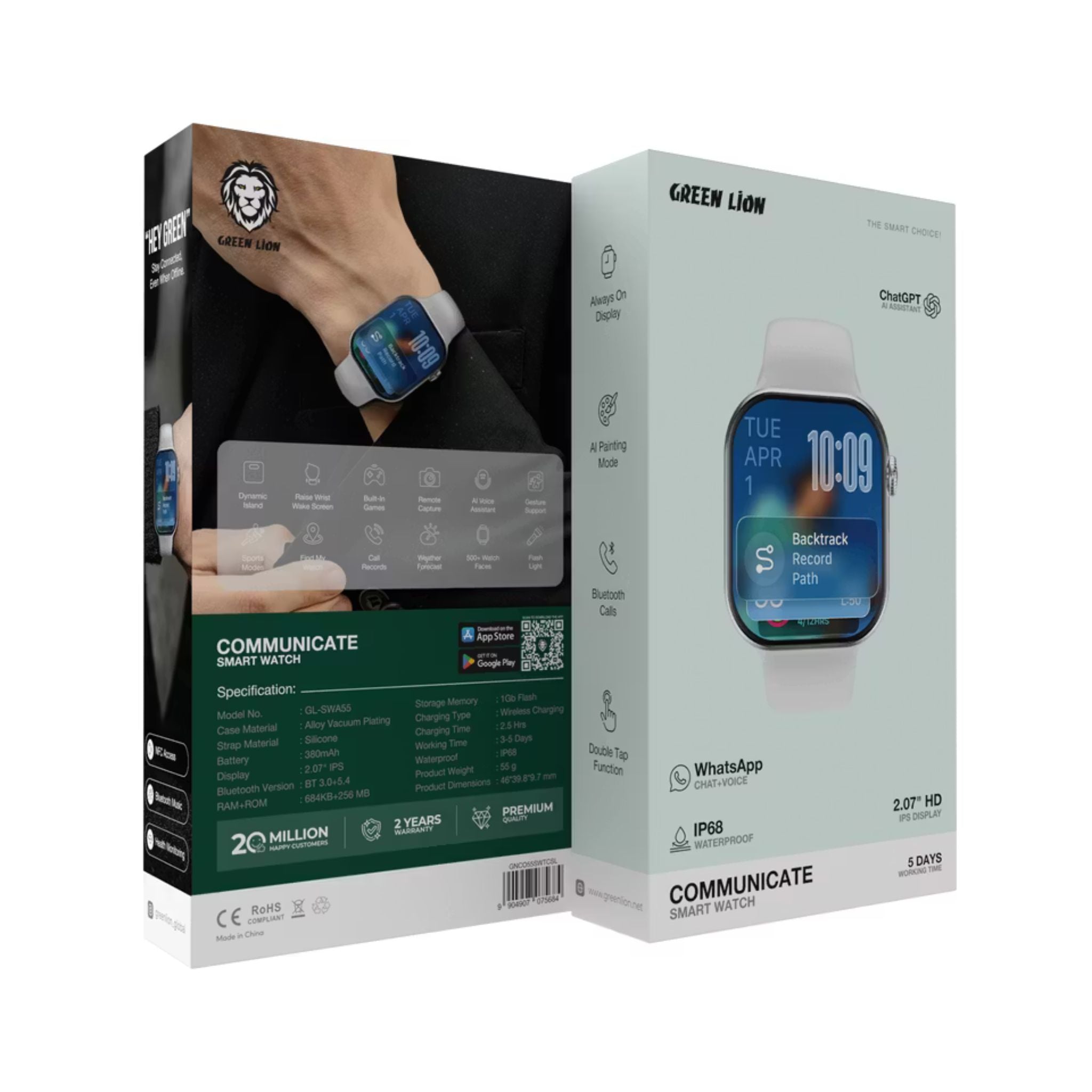 Green Lion Communicate Smart Watch with 2.07" IPS Dispaly, 380mAh Battery Capacity, Wireless Charging, AI Voice Assistant, 1GB Flash, 3-5 Days Working Time - Silver