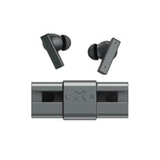 Pair of wireless earbuds with charging case on a white background