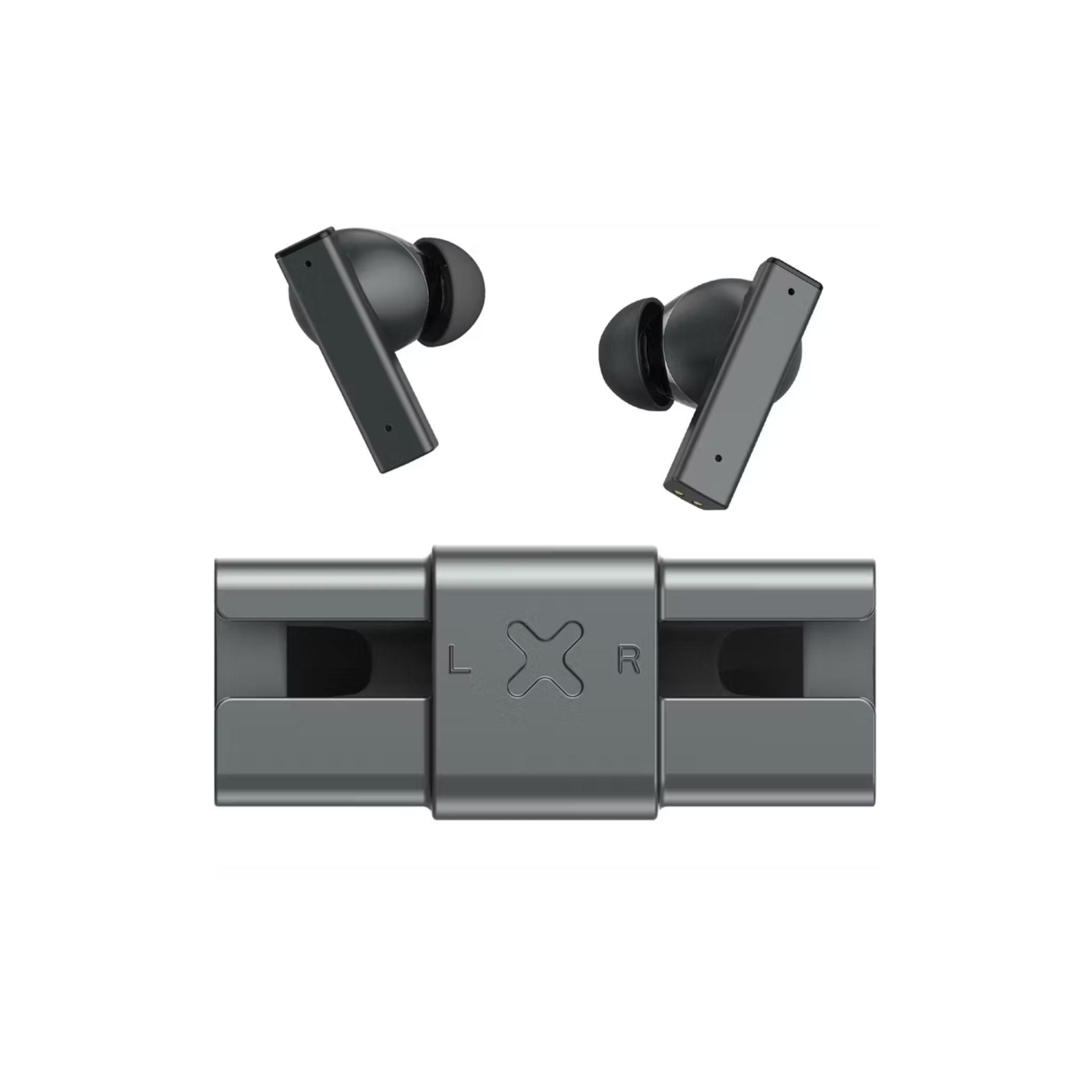 Pair of wireless earbuds with charging case on a white background