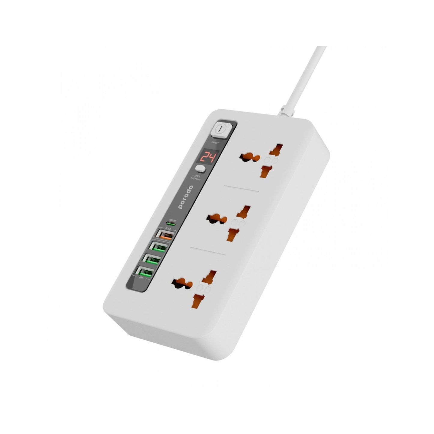 Porodo Multi-Port Power HUB with Power Button & Timer, Over-Heat Protection, 4 USB-A, 1 USB-C, 2m Power Cord - White