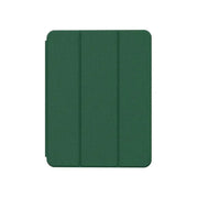 A green leather folio case for iPad with a pencil holder on the back, featuring a stable trifold stand.