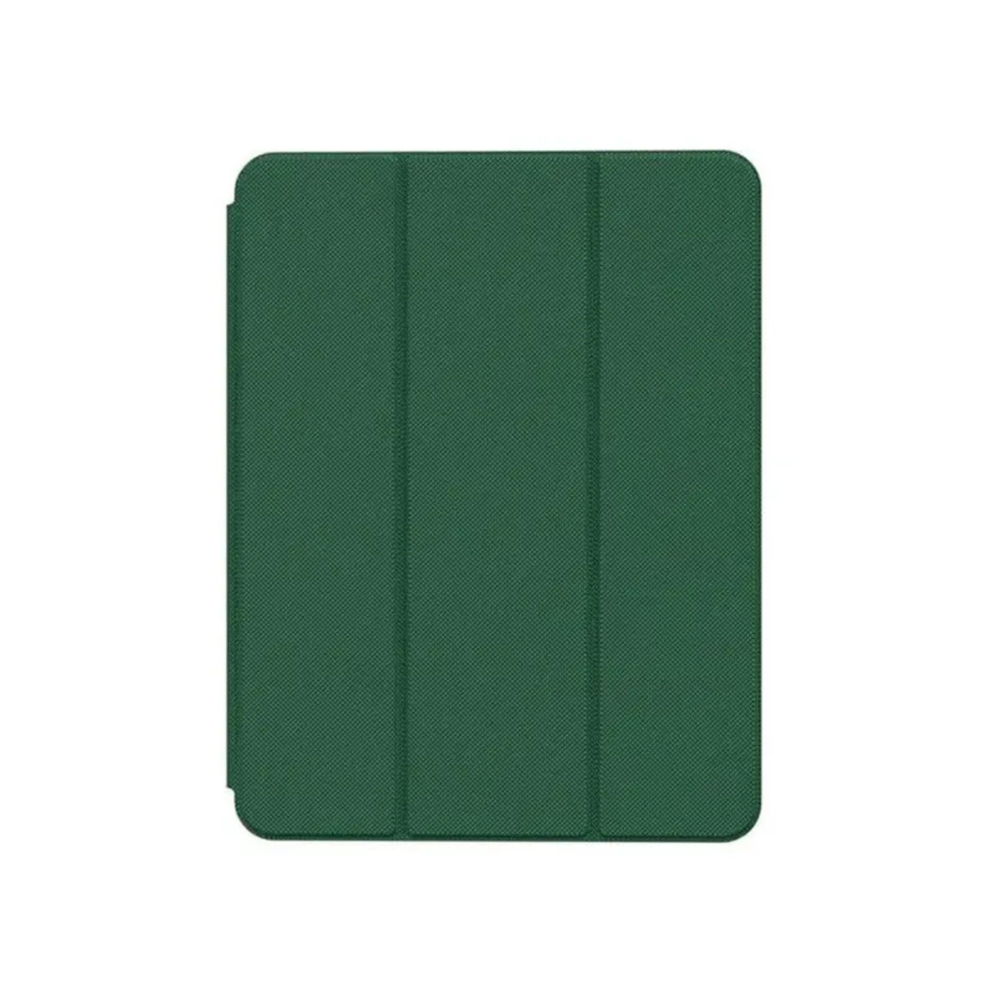 A green leather folio case for iPad with a pencil holder on the back, featuring a stable trifold stand.