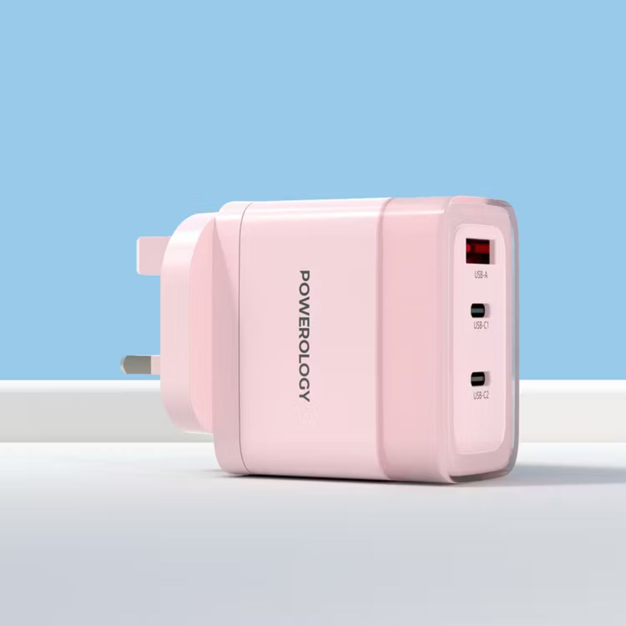 Powerology Lunex Series 3-Port Fast Charging Adapter with UK 3-Pin Power Plug, 65W PD USB-C Output, 22.5W QC USB-A Output, Multi-Device Charging, Powerful Laptop Charging, Universal Protocol Support - Pink