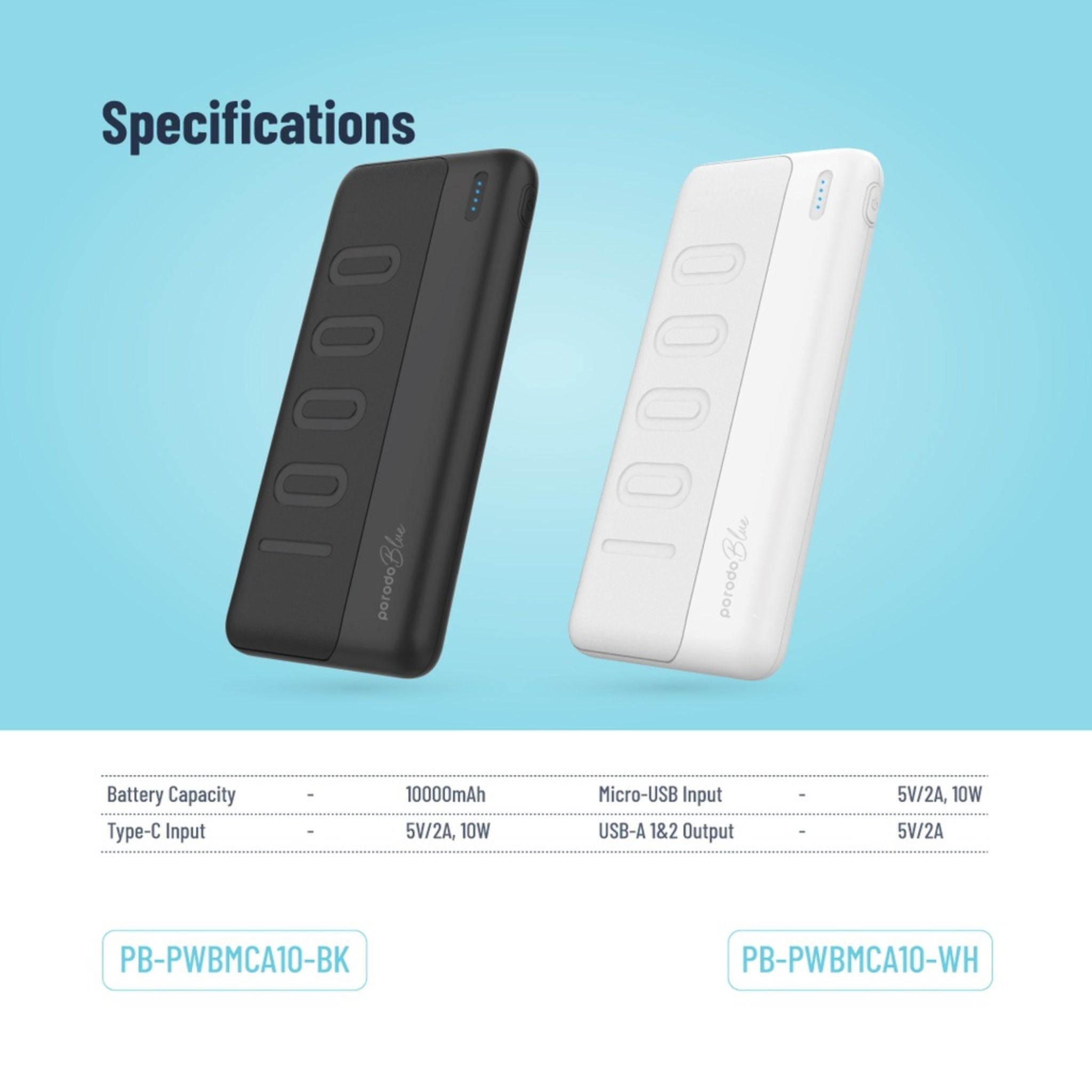 Porodo Blue 10000mAh Slim Power Bank with Dual USB-A Output, Lightweight & Compact Design, Type-C Input, LED Indicator - Black