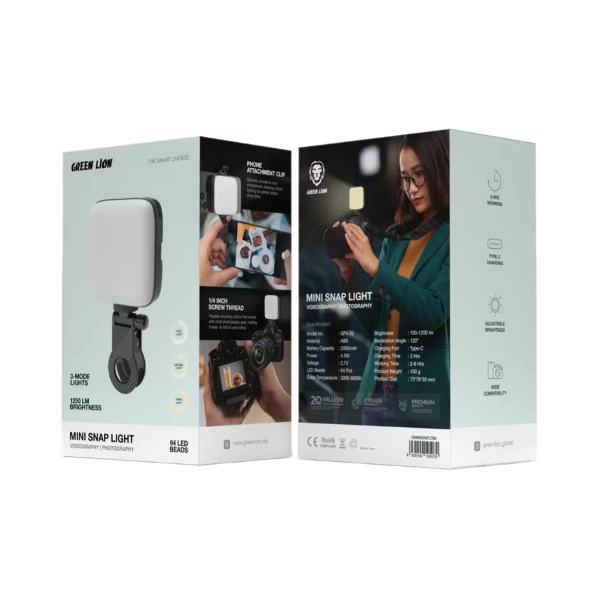 Green Lion Mini Snap Light, ABS Material, 2000mAh Battery Capacity, 100-1250Lm Brightness, 2-8 Hours Working Time, 3 Hours Charging Time, Type-C Charging Port - Black