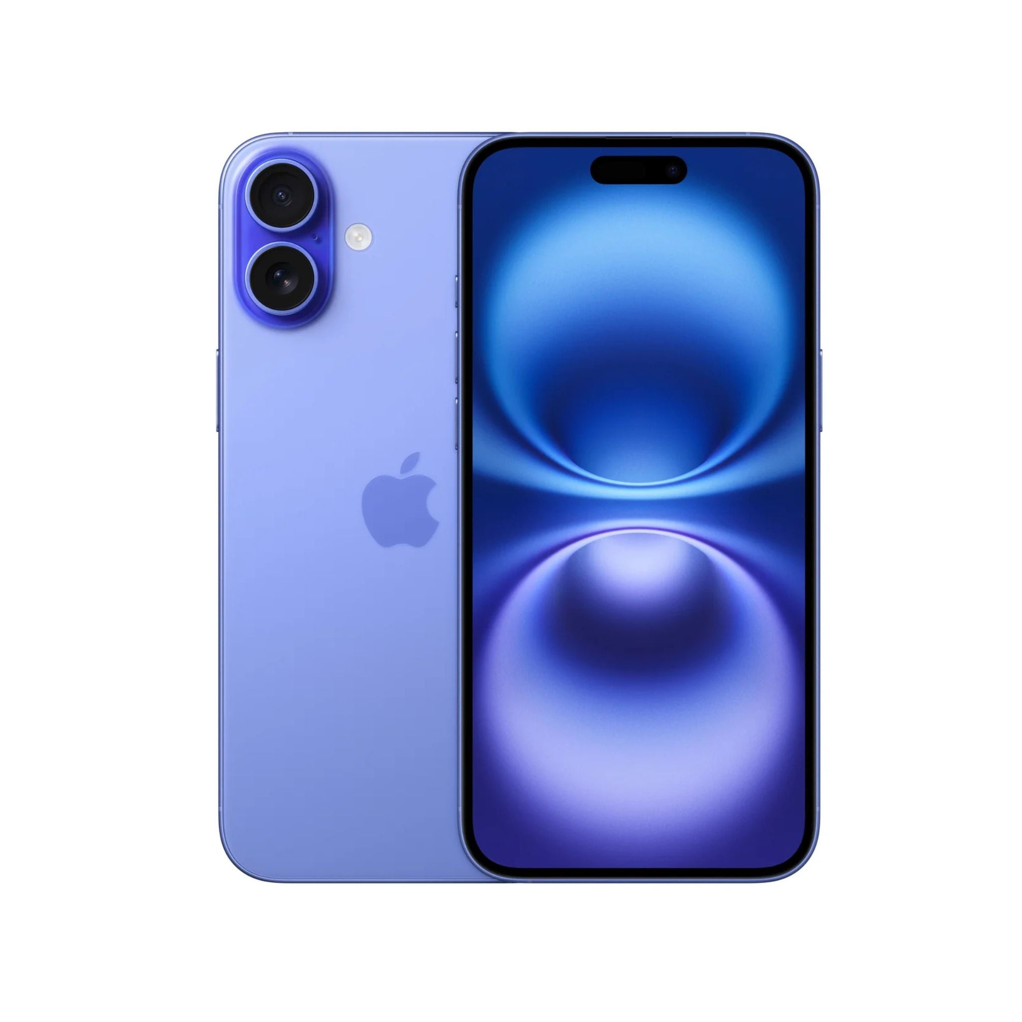 Purple smartphone showing back and front views on a white background